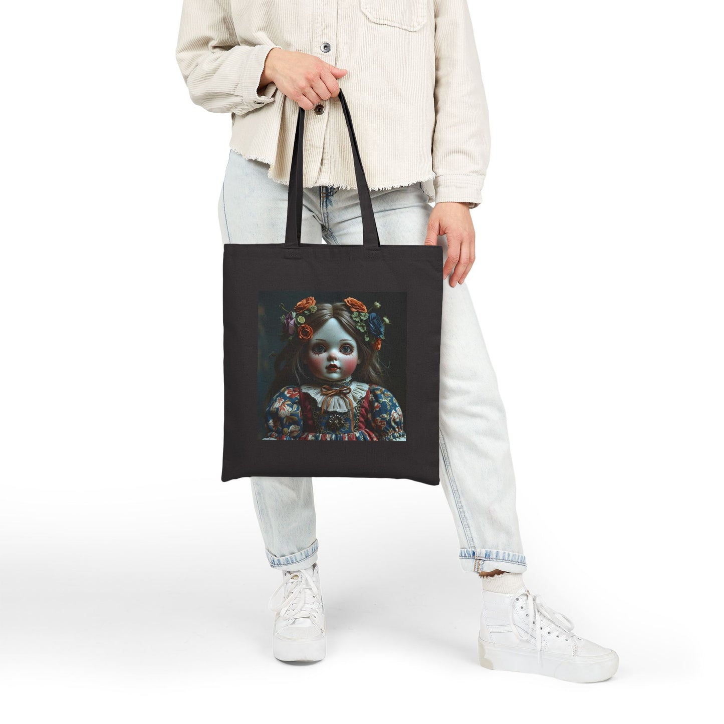 Victoria - Vintage Spooky Doll Canvas Tote in Black