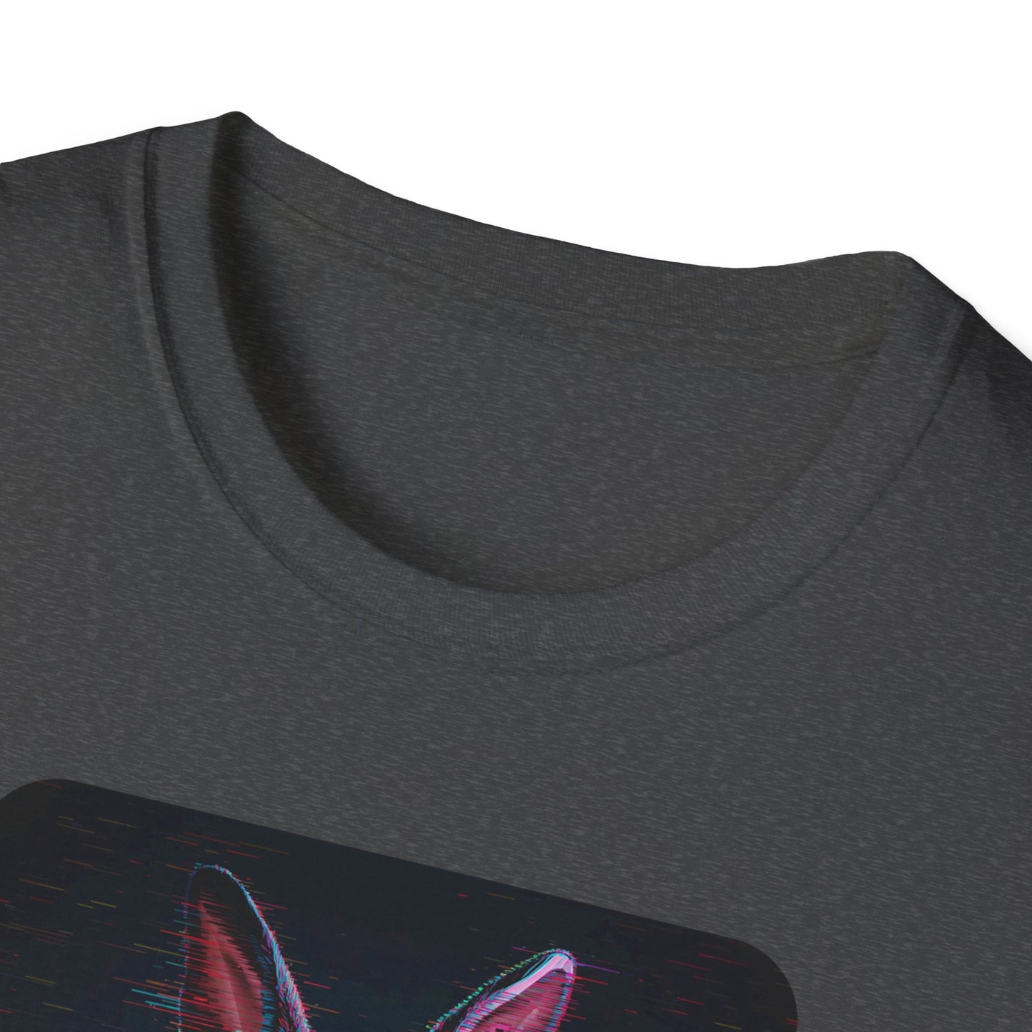 Pixellated Bunny — Hop Level Up Retro Gamer Tee in Dark Heather - Neckline