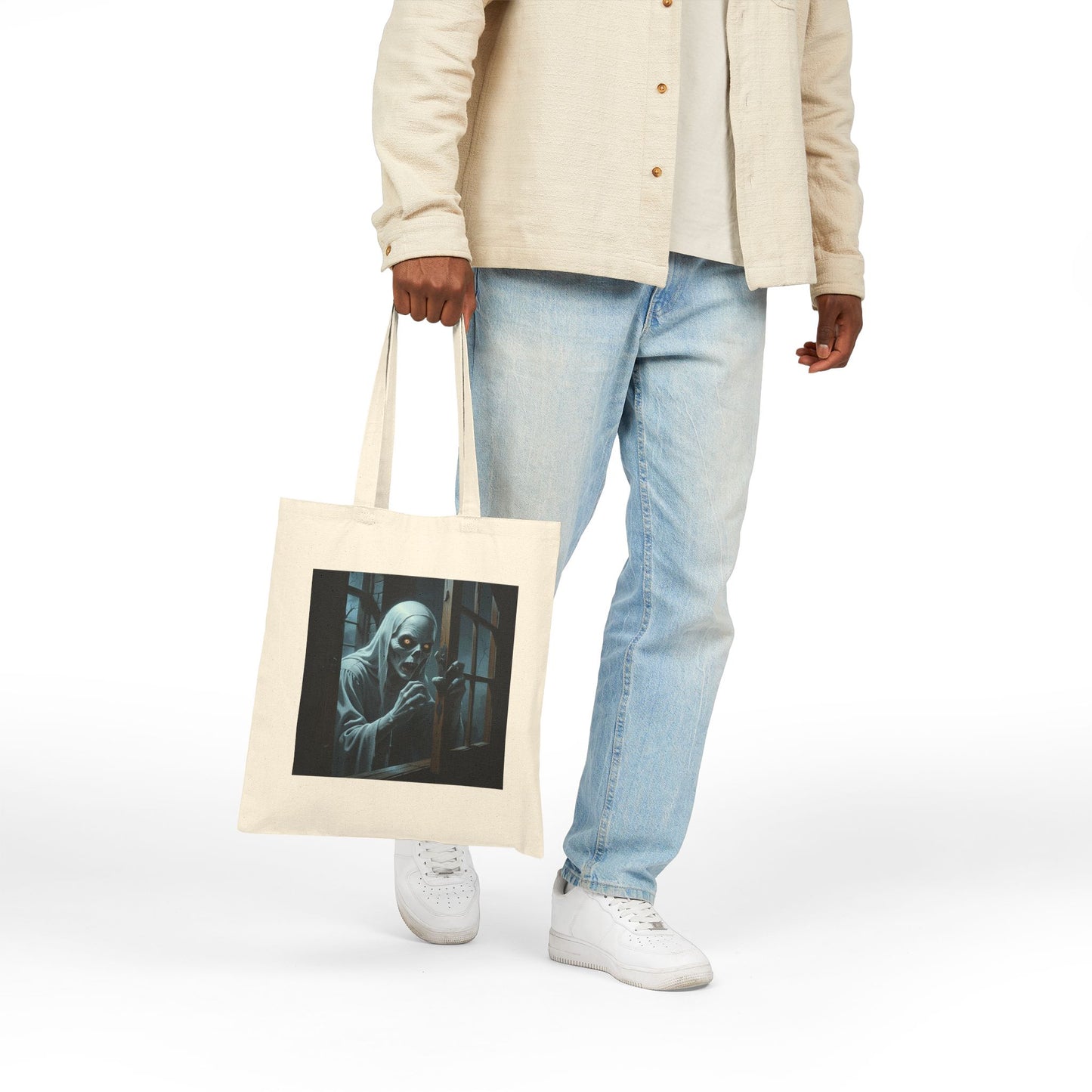 Spooky Ghost Canvas Tote Bag in Natural