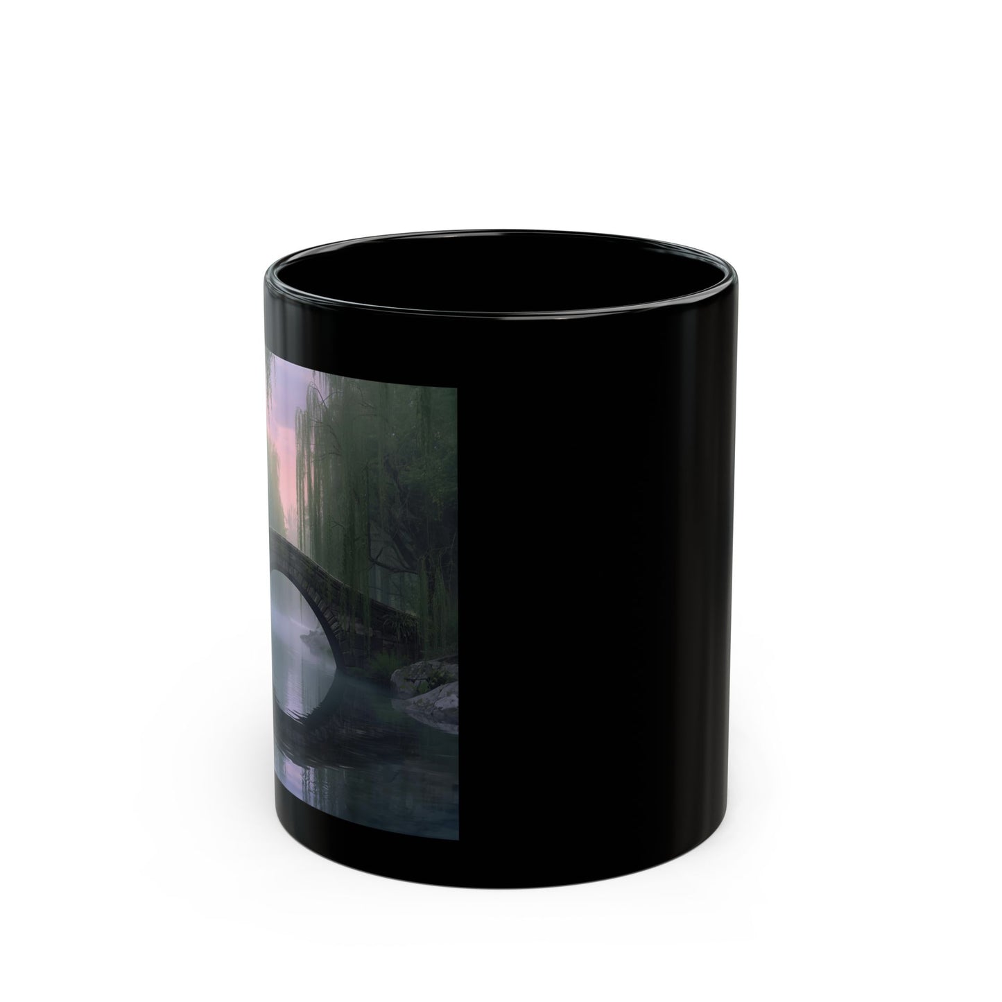 Bridge Over Morning Mist Mug - side view - Black mug with a printed design