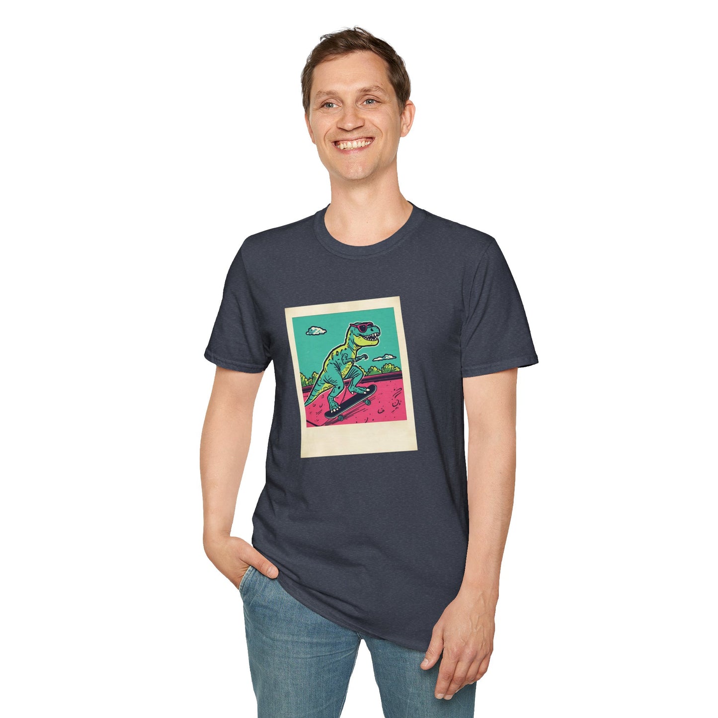Retro Skater T-Rex T-Shirt – 90s Polaroid Dinosaur in Sunglasses