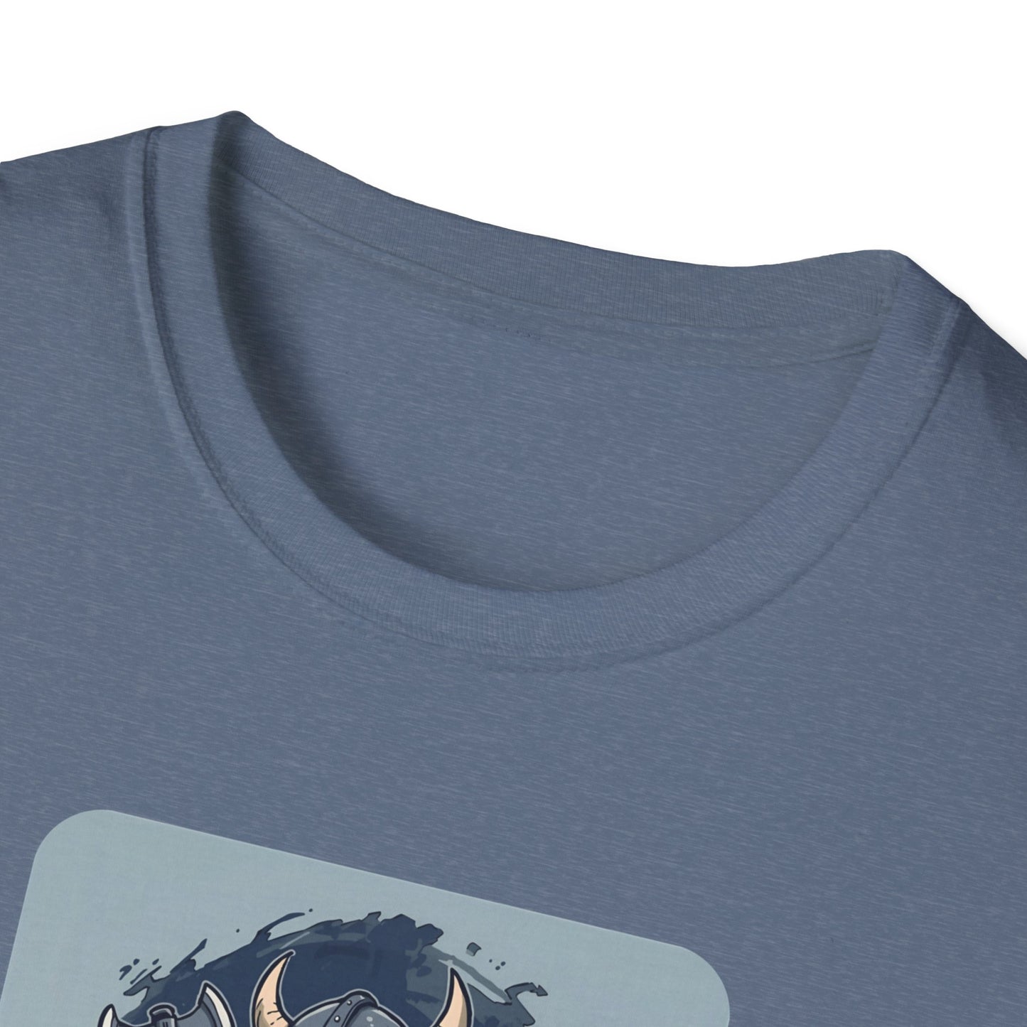Goth Viking Duck – Dark Cartoon Chaos T-Shirt in Heather Indigo - Neckline