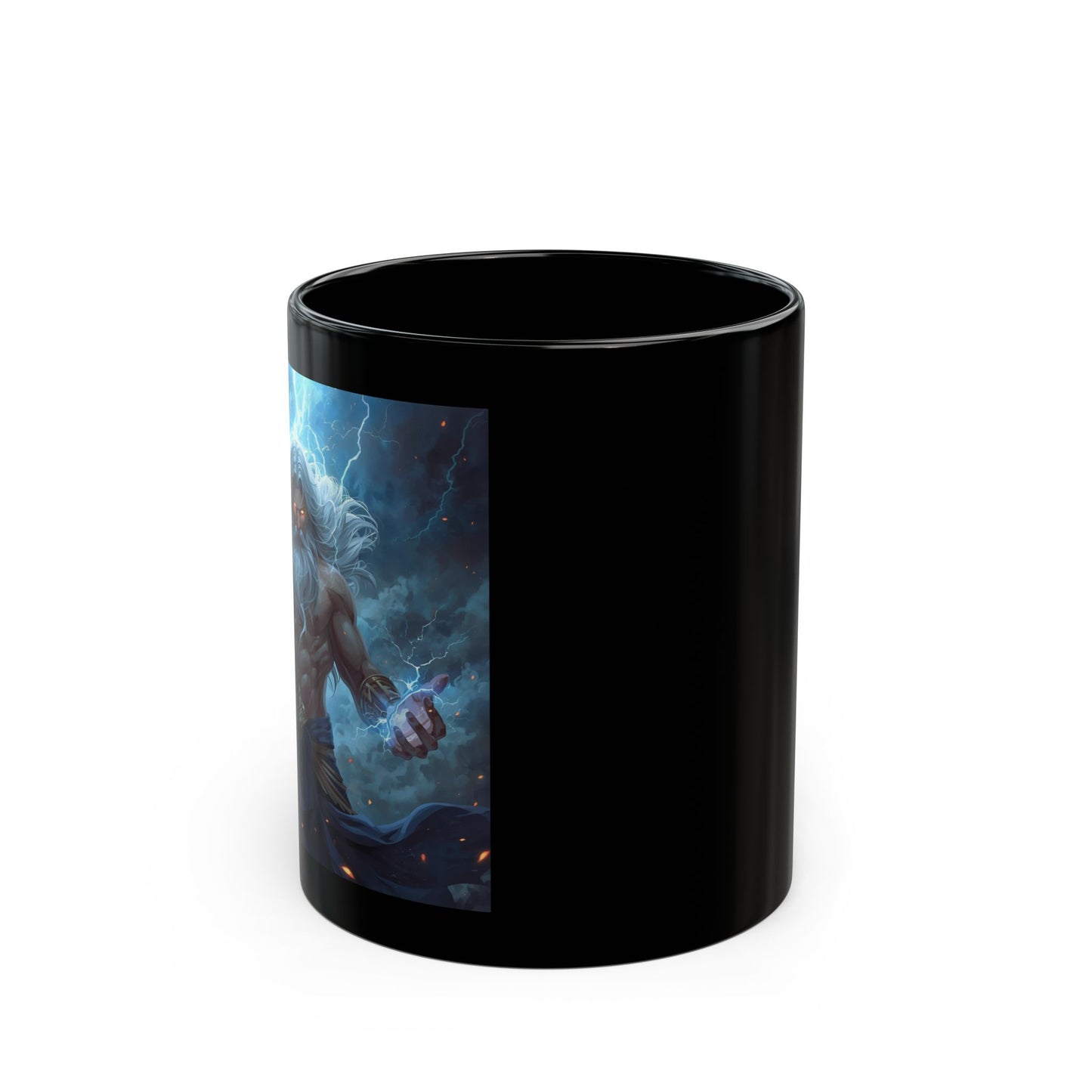 Zeus - Thunderfist - Lord of the Sky Mug - side view - black mug with Zeus image