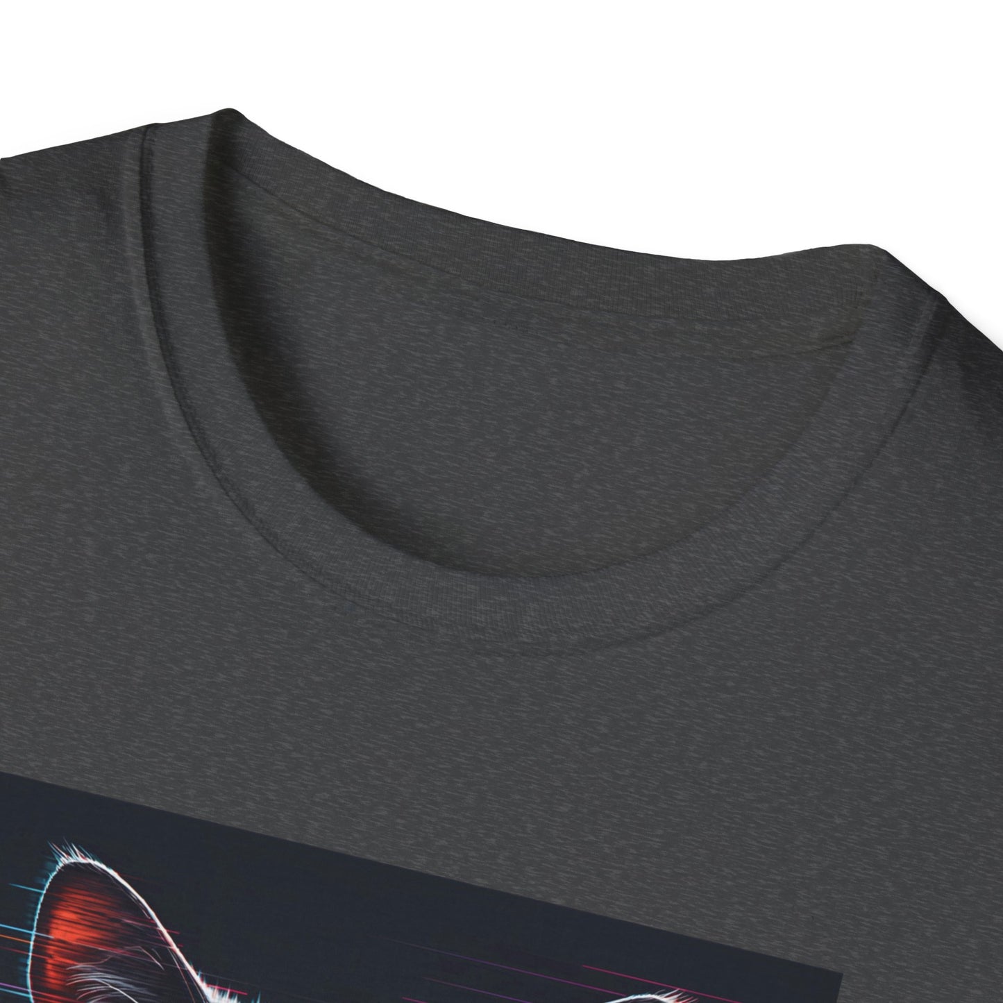 Pixellated Cat - Retro Meow Mode T-Shirt in Dark Heather - Neckline