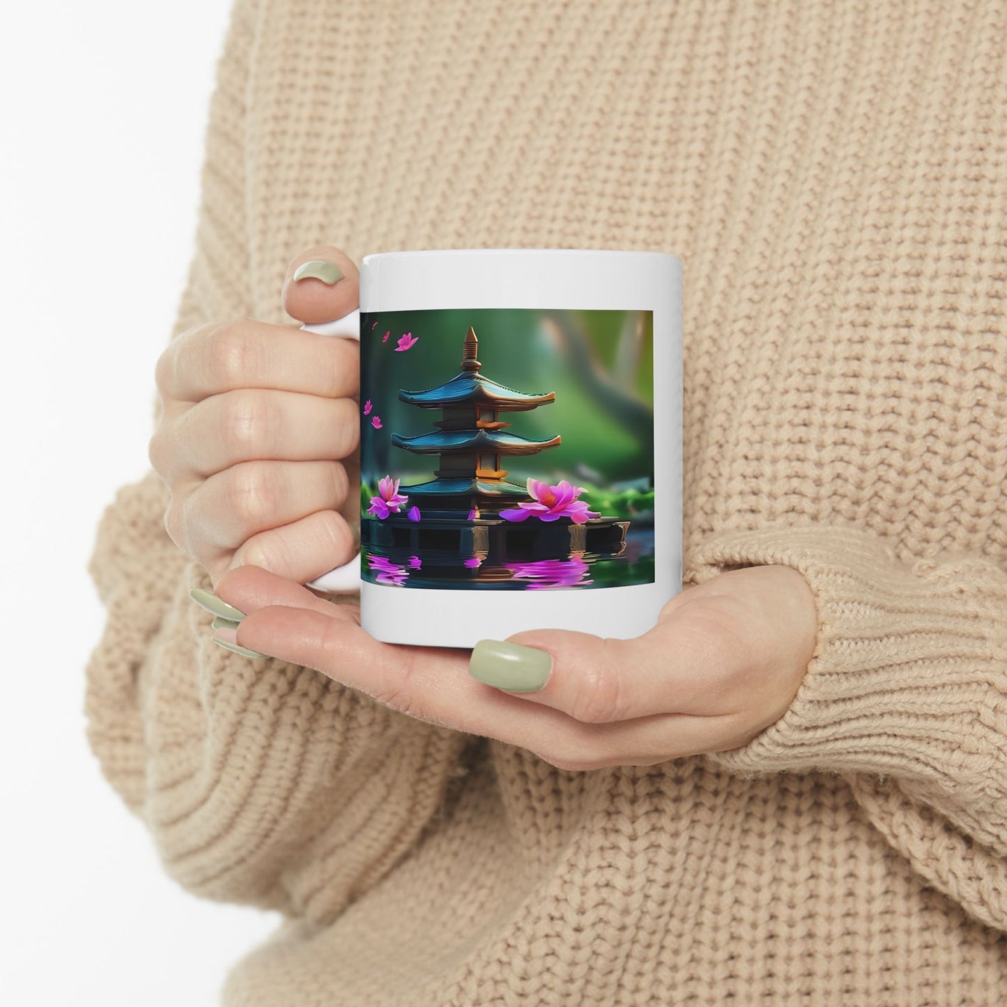 Lotus Temple Reflections Mug - White mug with a serene design