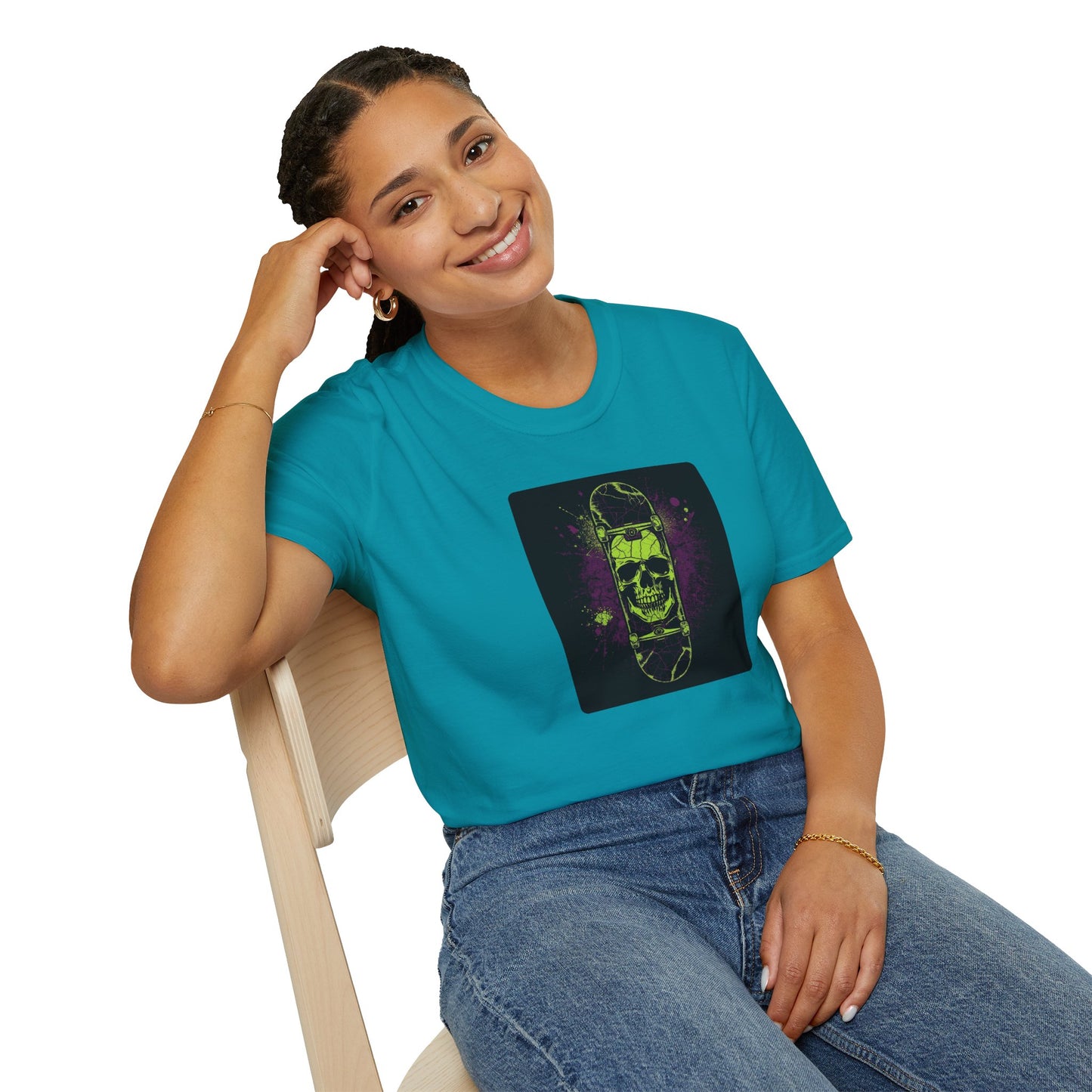 Neon Skull Skateboard – Electric Street Rebel T-Shirt in Tropical Blue