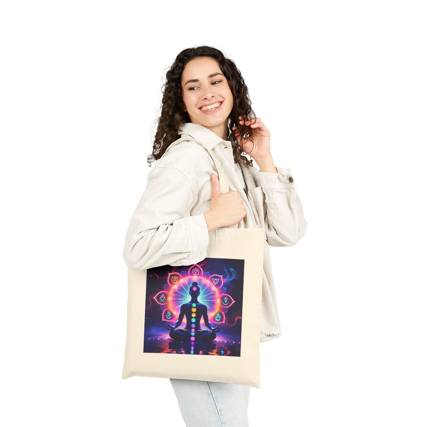 Spiritual Chakra Cotton Canvas Tote Bag in Natural
