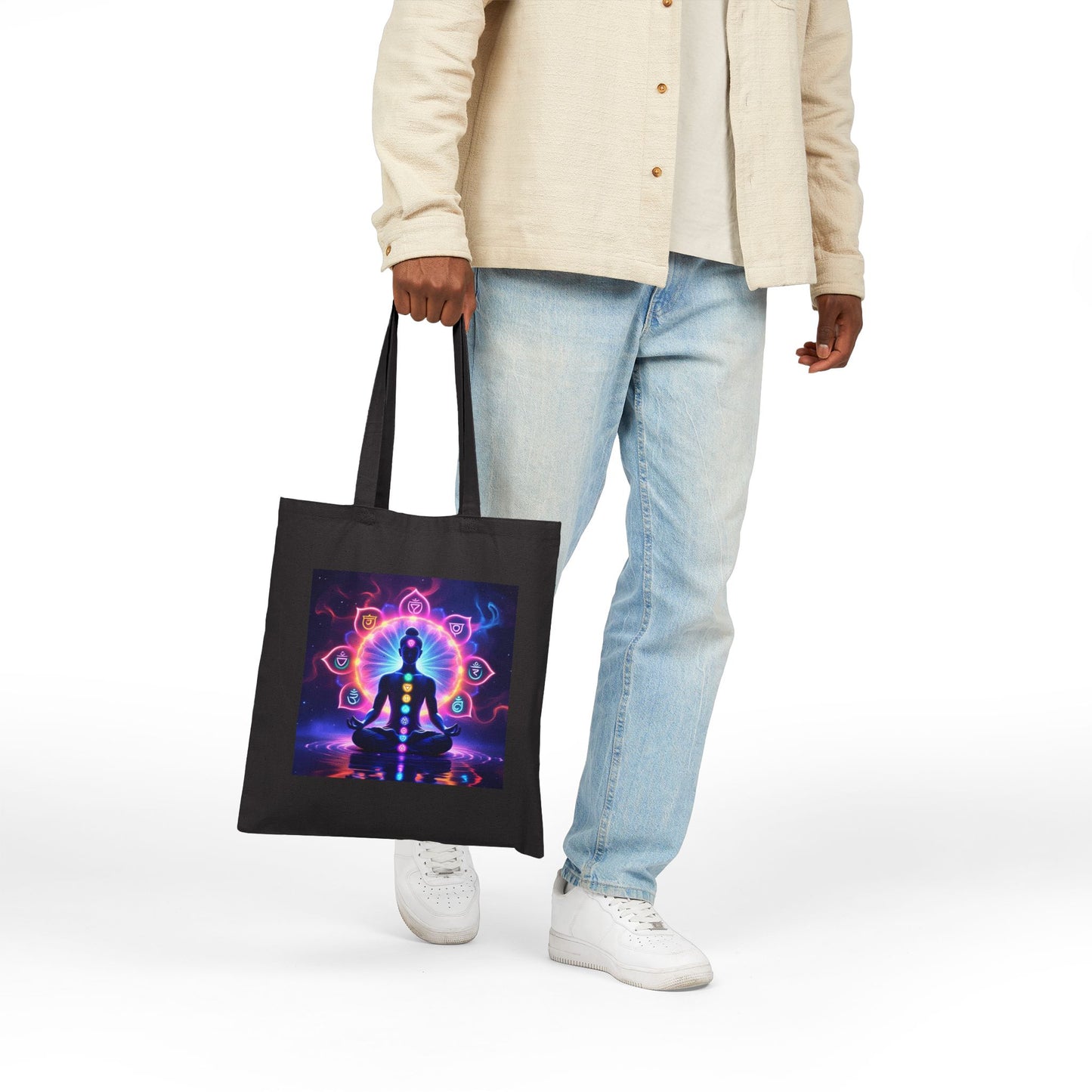 Spiritual Chakra Cotton Canvas Tote Bag in Black