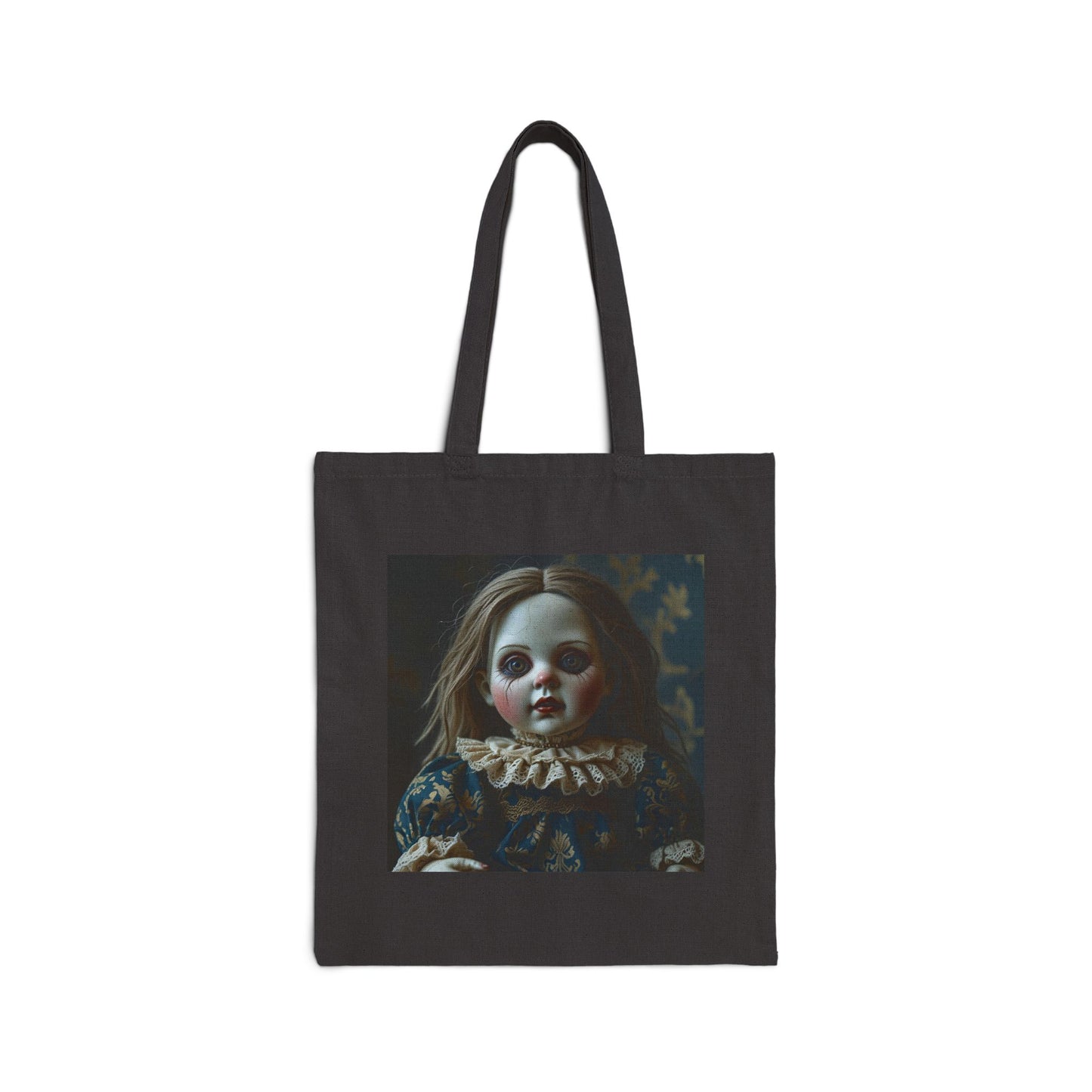 Lizzie - Spooky Vintage Doll Canvas Tote Bag in Black
