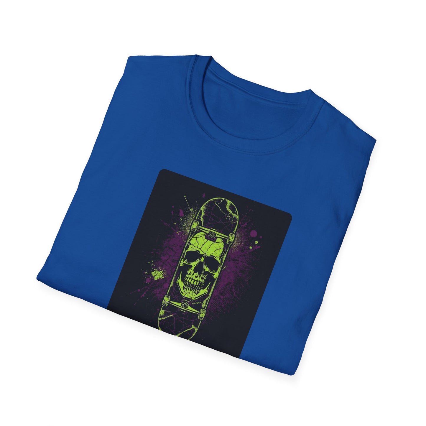 Neon Skull Skateboard – Electric Street Rebel T-Shirt in Royal -Folded