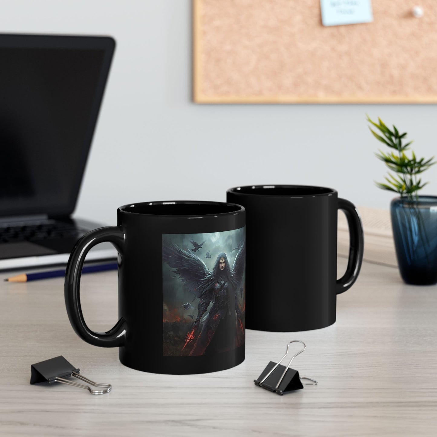 Morrigan Mug with Celtic war goddess artwork - front and back view