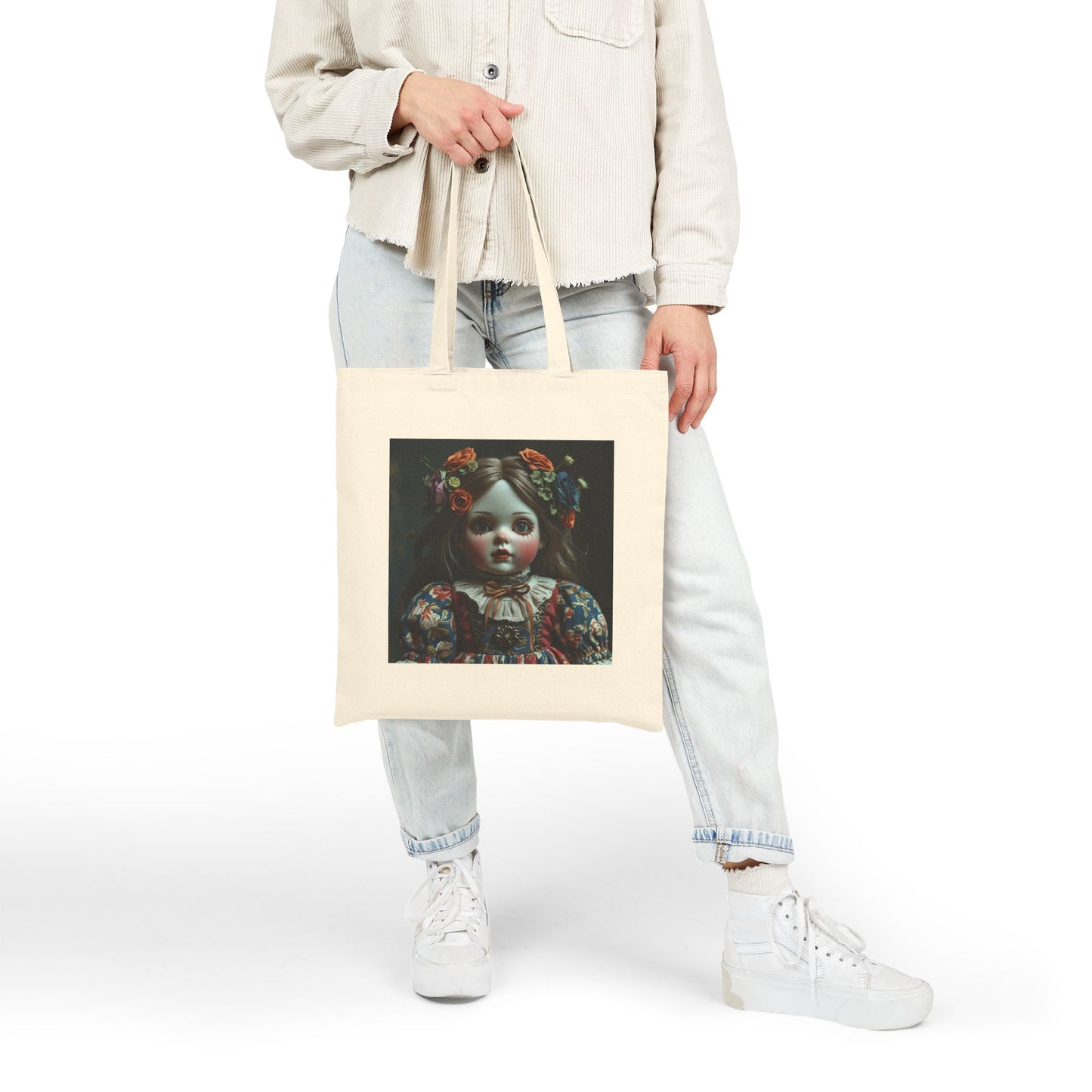 Victoria - Vintage Spooky Doll Canvas Tote in Natural