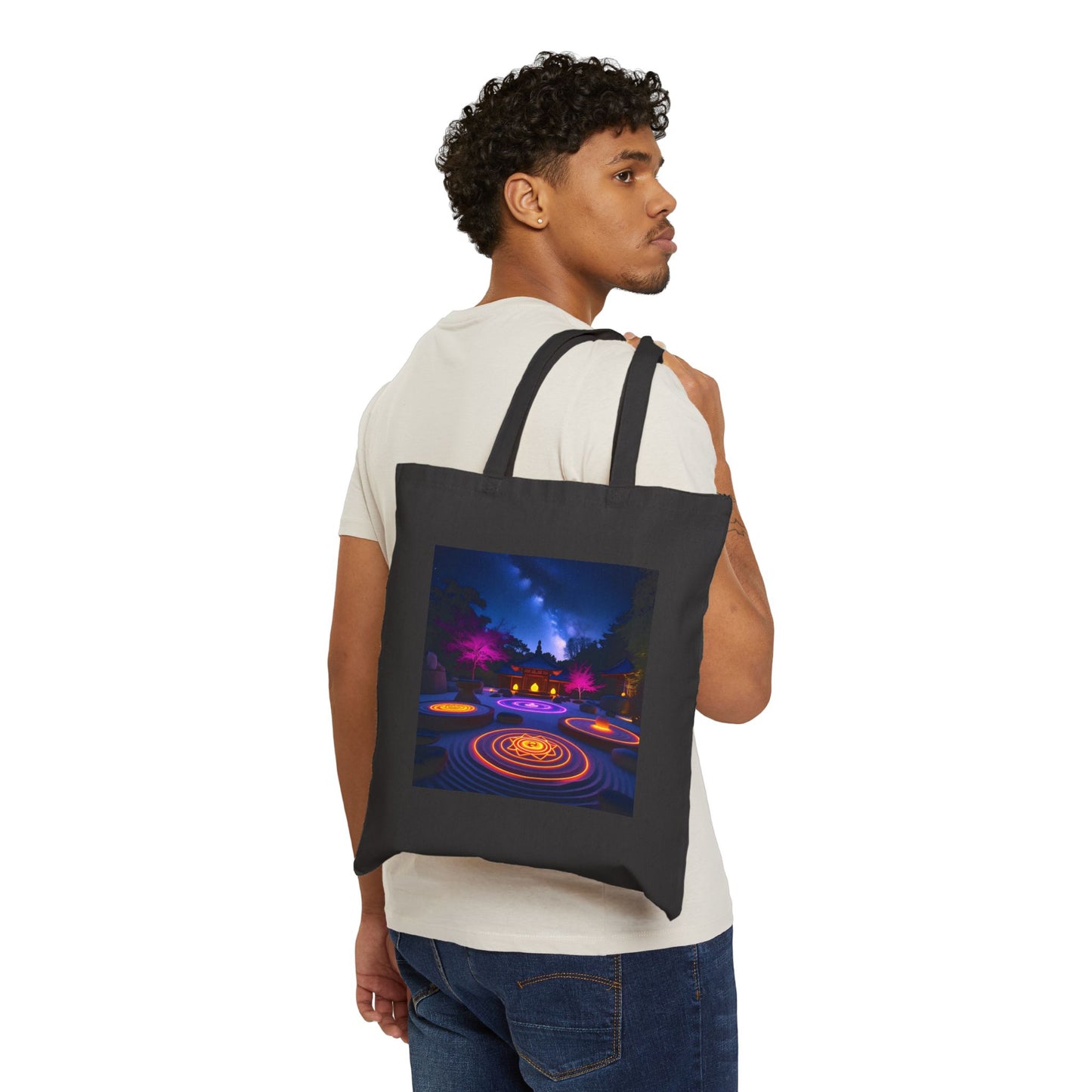Zen Garden with Neon Chakras Spiritual Canvas Tote Bag in Black