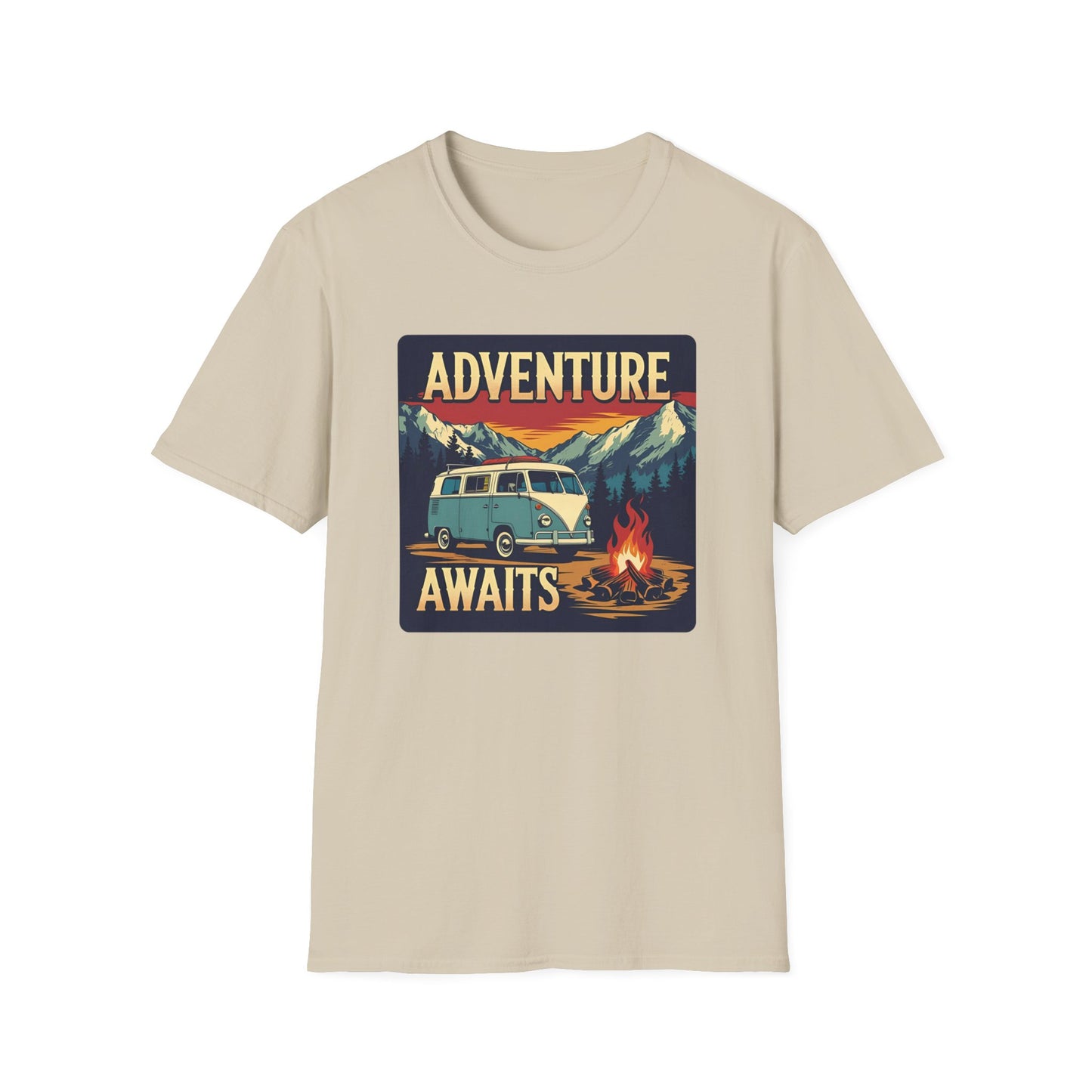 Adventure Awaits - Retro Camper Van Adventure T-Shirt in Sand