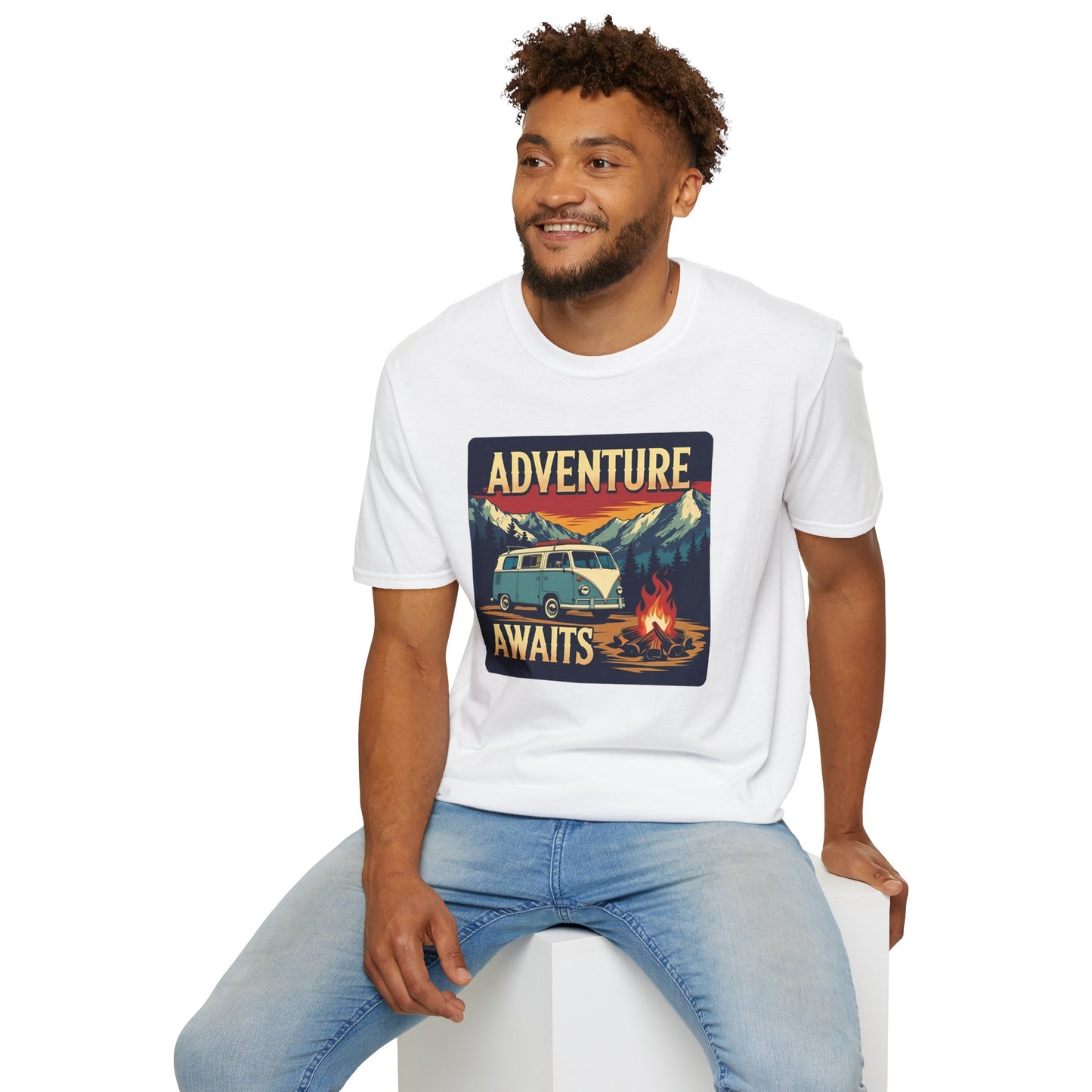 Adventure Awaits - Retro Camper Van Adventure T-Shirt in White