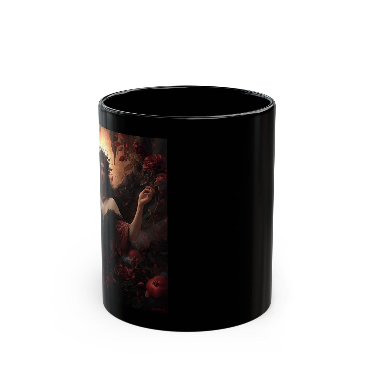 Persephone — Queen of the Underworld Mug - side view - black mug with image of Persephone