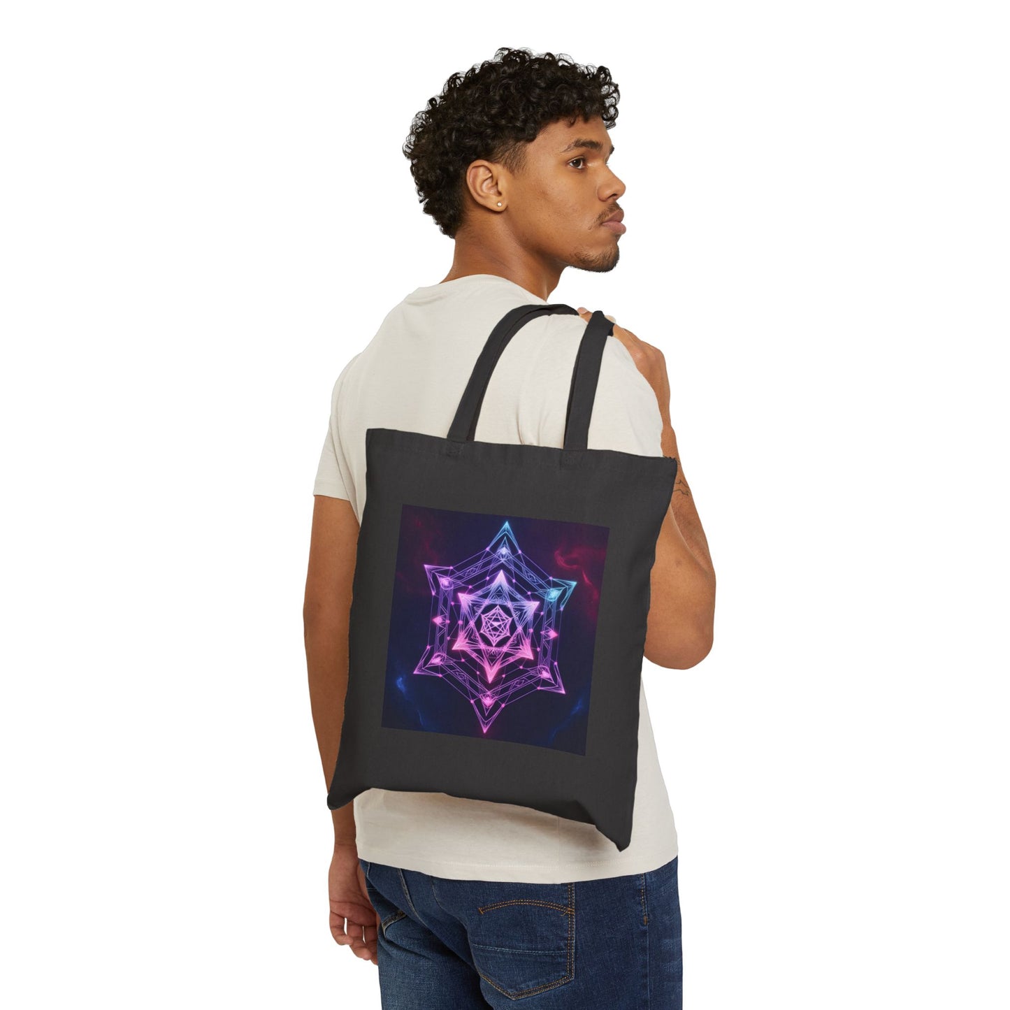 Neon Mandala Art Cotton Canvas Tote Bag in Black