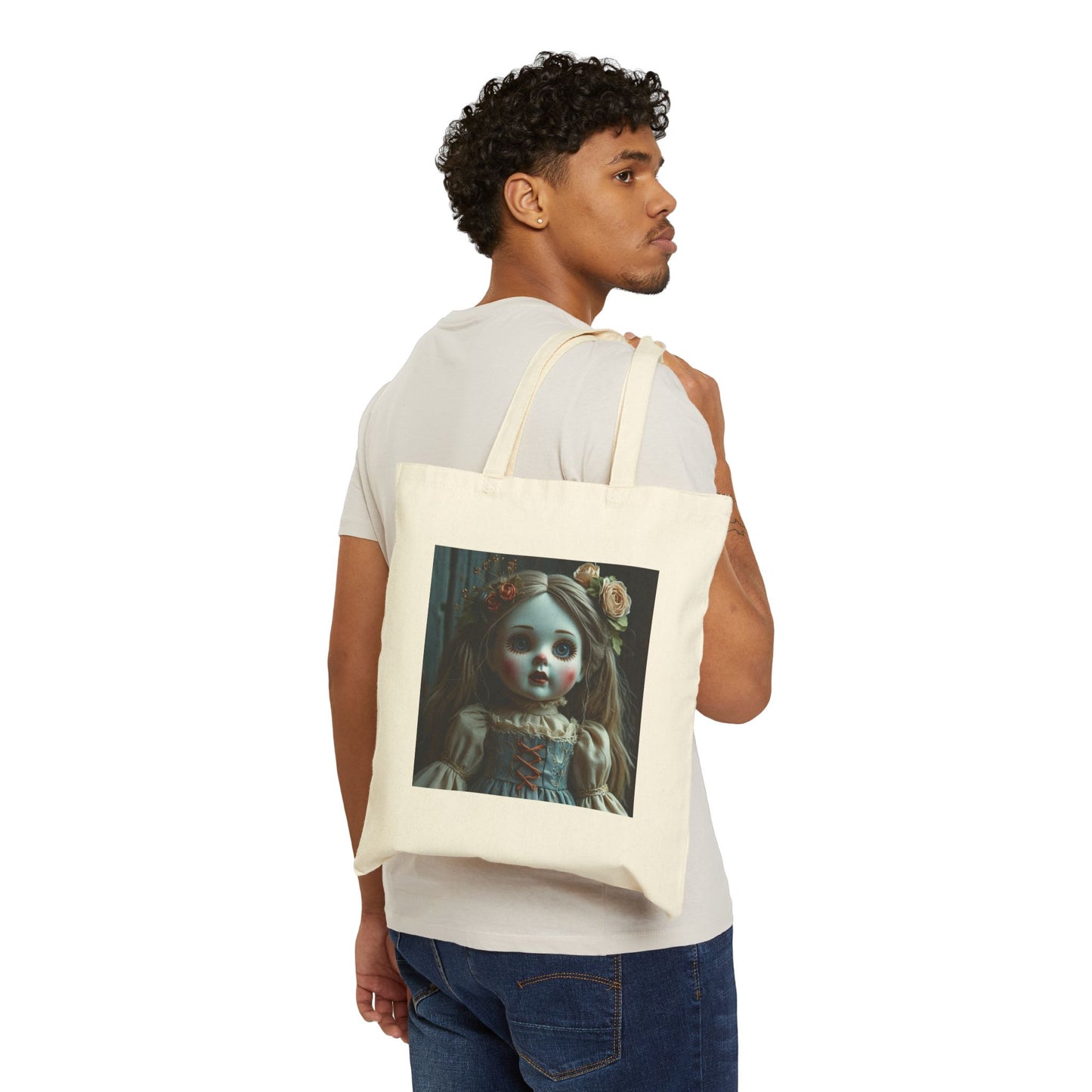 Ruby - Spooky Doll Canvas Tote Bag in Neutral