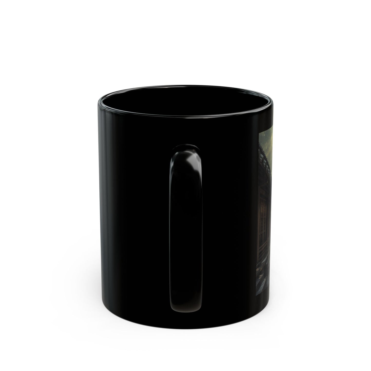 Dawn at the Courtyard Mug - Side View -Black mug