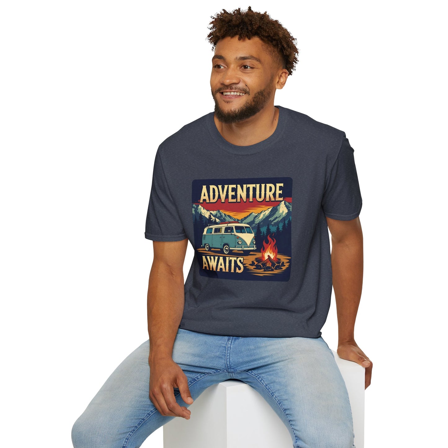 Adventure Awaits - Retro Camper Van Adventure T-Shirt in Heather Navy