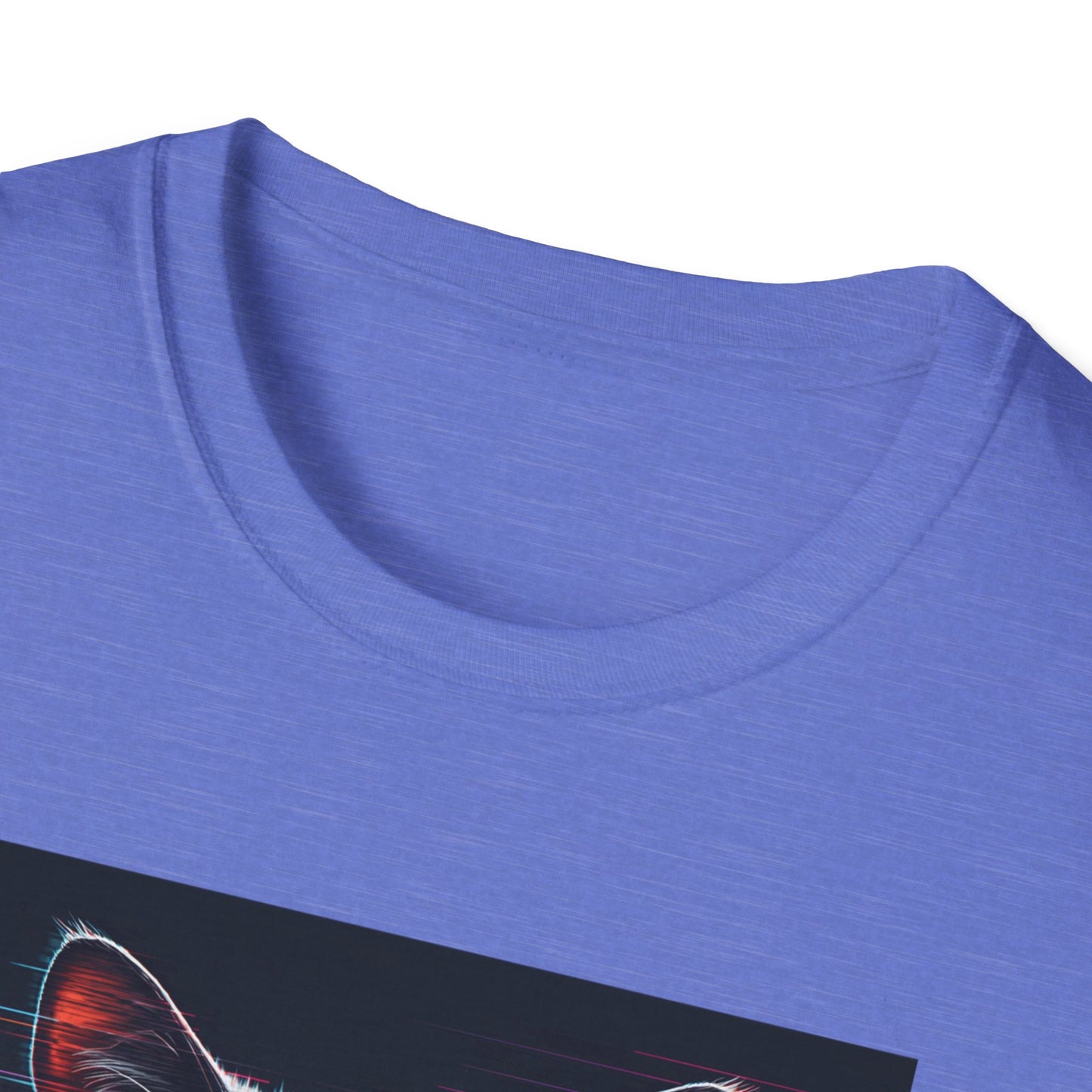 Pixellated Cat - Retro Meow Mode T-Shirt in Heather Royal - Neckline