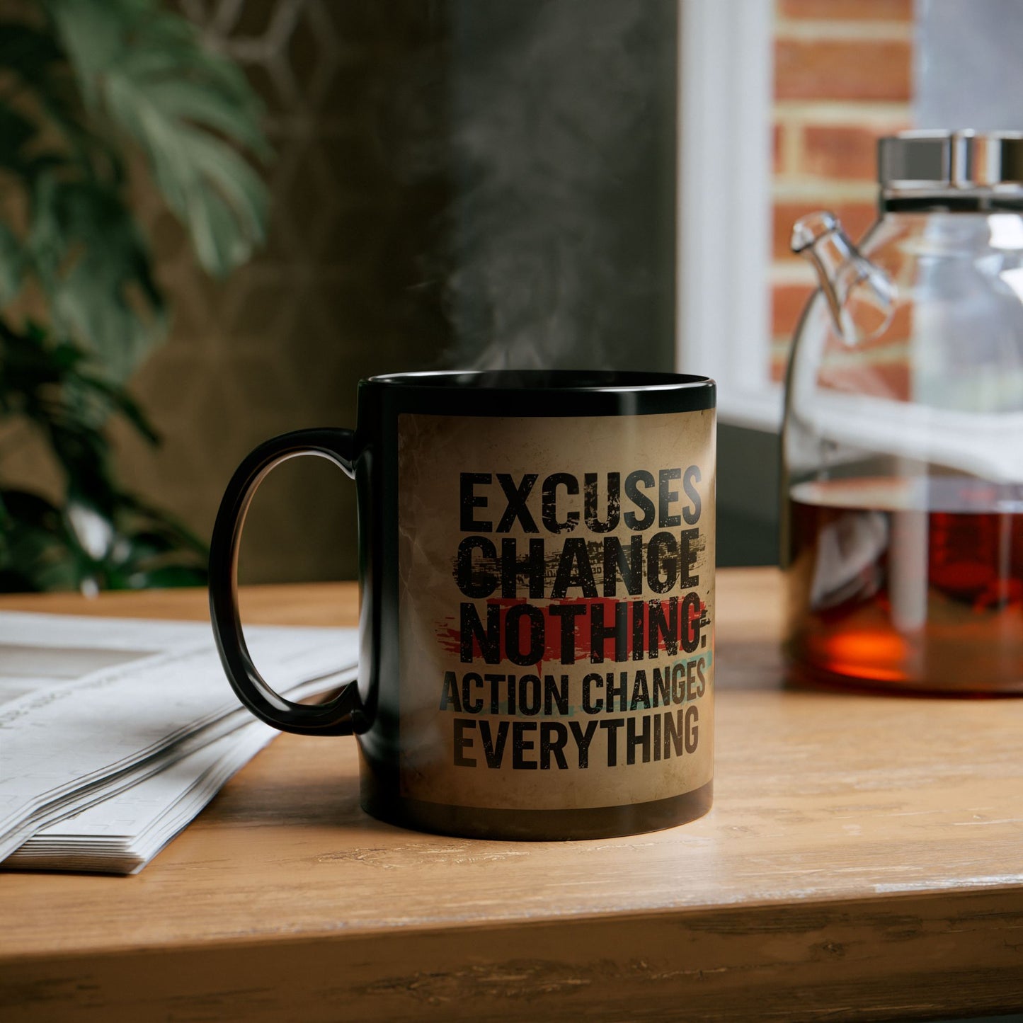 Excuses Change Nothing Action Changes Everything - Motivational Quote Mug - black mug with motivational text