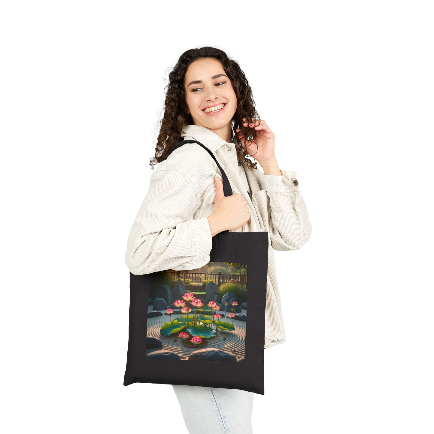Garden of Stillness Canvas Tote Bag in Black