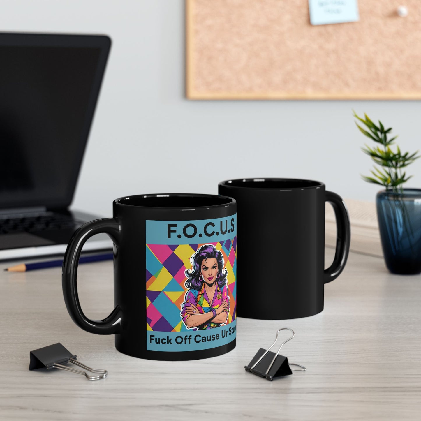 F.O.C.U.S. – Fuck Off Cause Ur Stupid Funny Mug - two mugs with front and back view - black mug with cartoon image and funny text