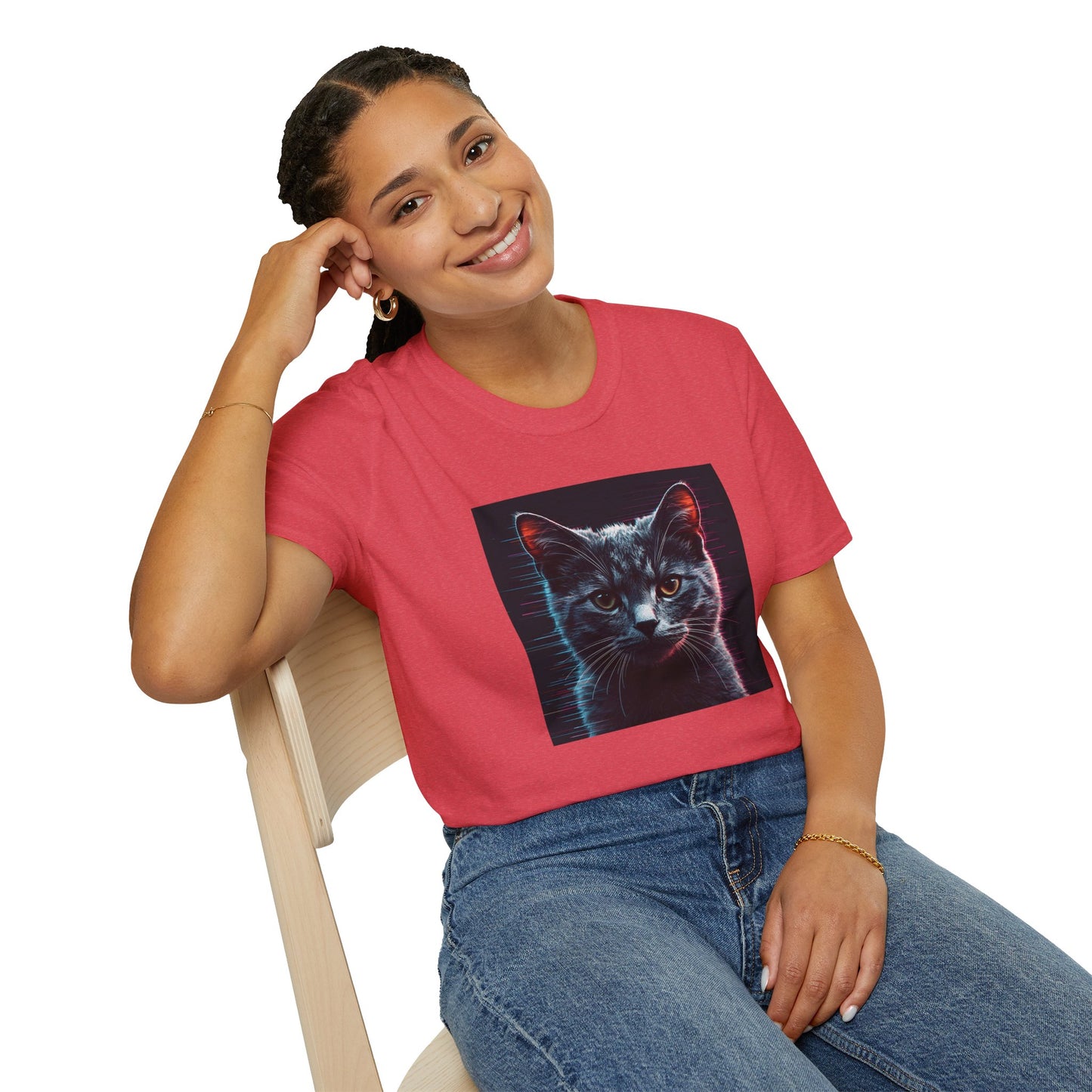 Pixellated Cat - Retro Meow Mode T-Shirt in Heather Red