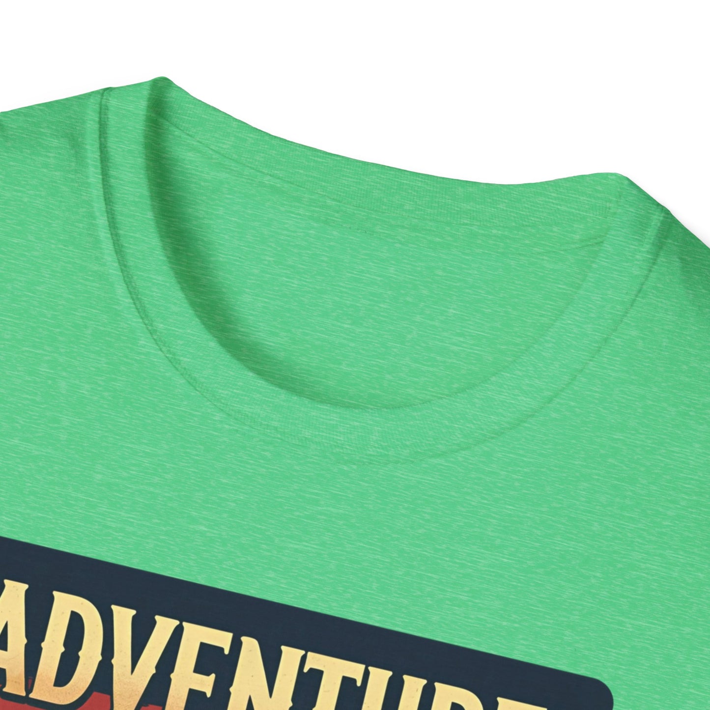 Adventure Awaits - Retro Camper Van Adventure T-Shirt in Heather Irish Green - Neckline
