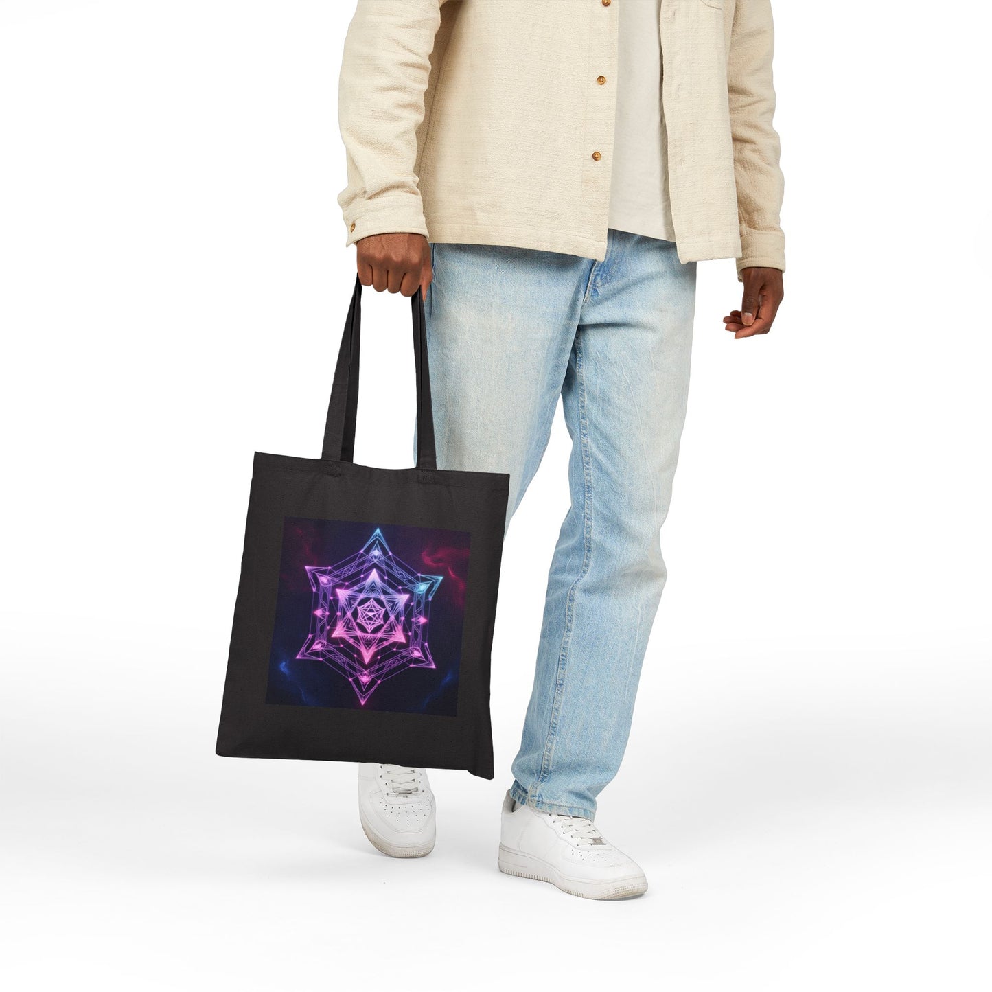 Neon Mandala Art Cotton Canvas Tote Bag in Black
