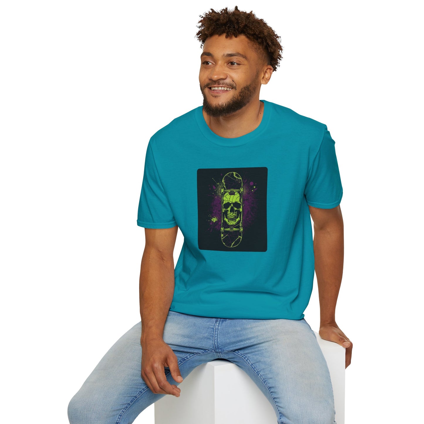 Neon Skull Skateboard – Electric Street Rebel T-Shirt in Tropical Blue