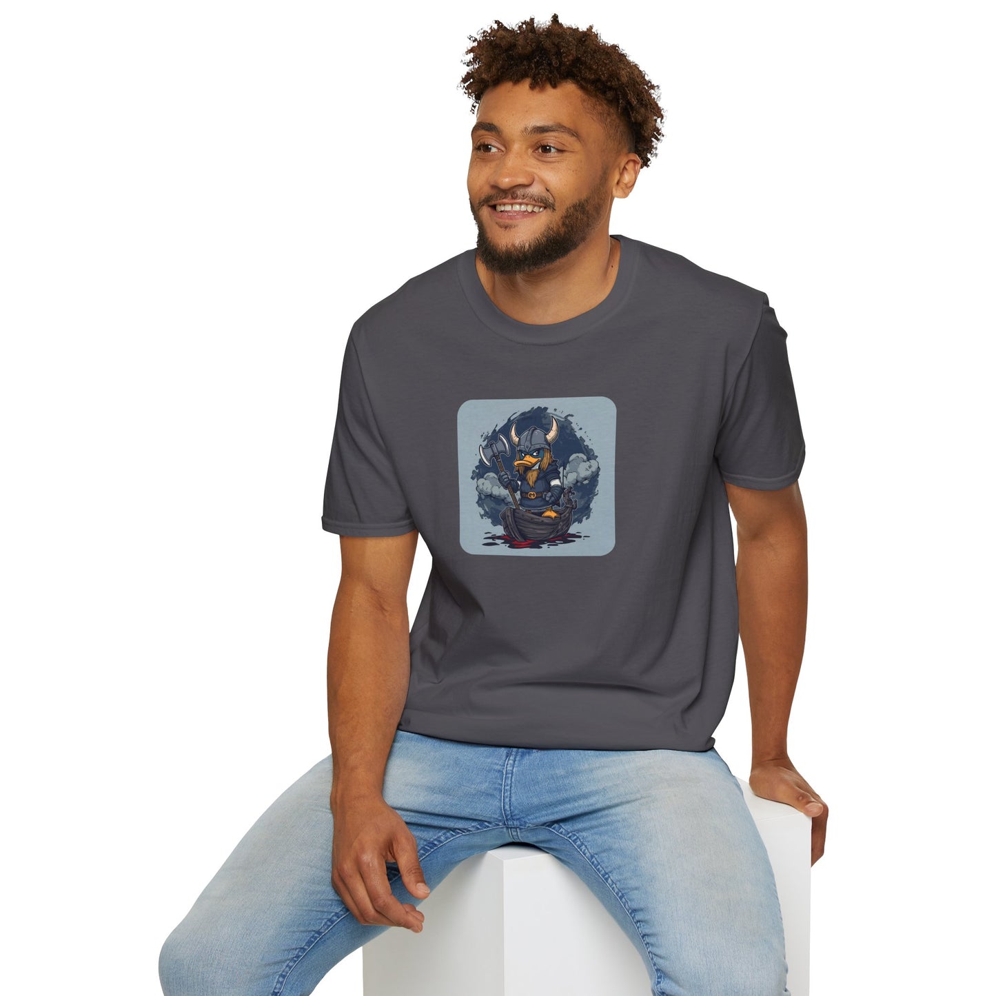 Goth Viking Duck – Dark Cartoon Chaos T-Shirt in Charcoal