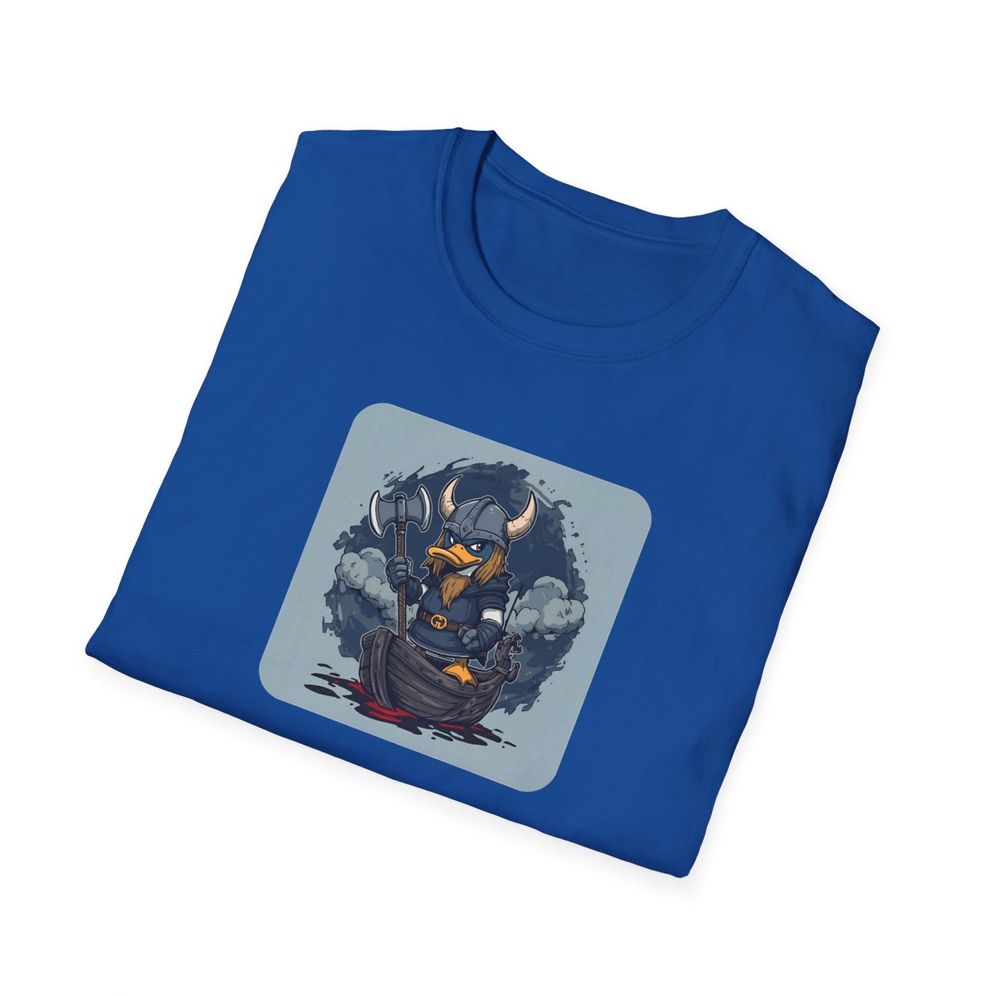 Goth Viking Duck – Dark Cartoon Chaos T-Shirt in Royal - Folded