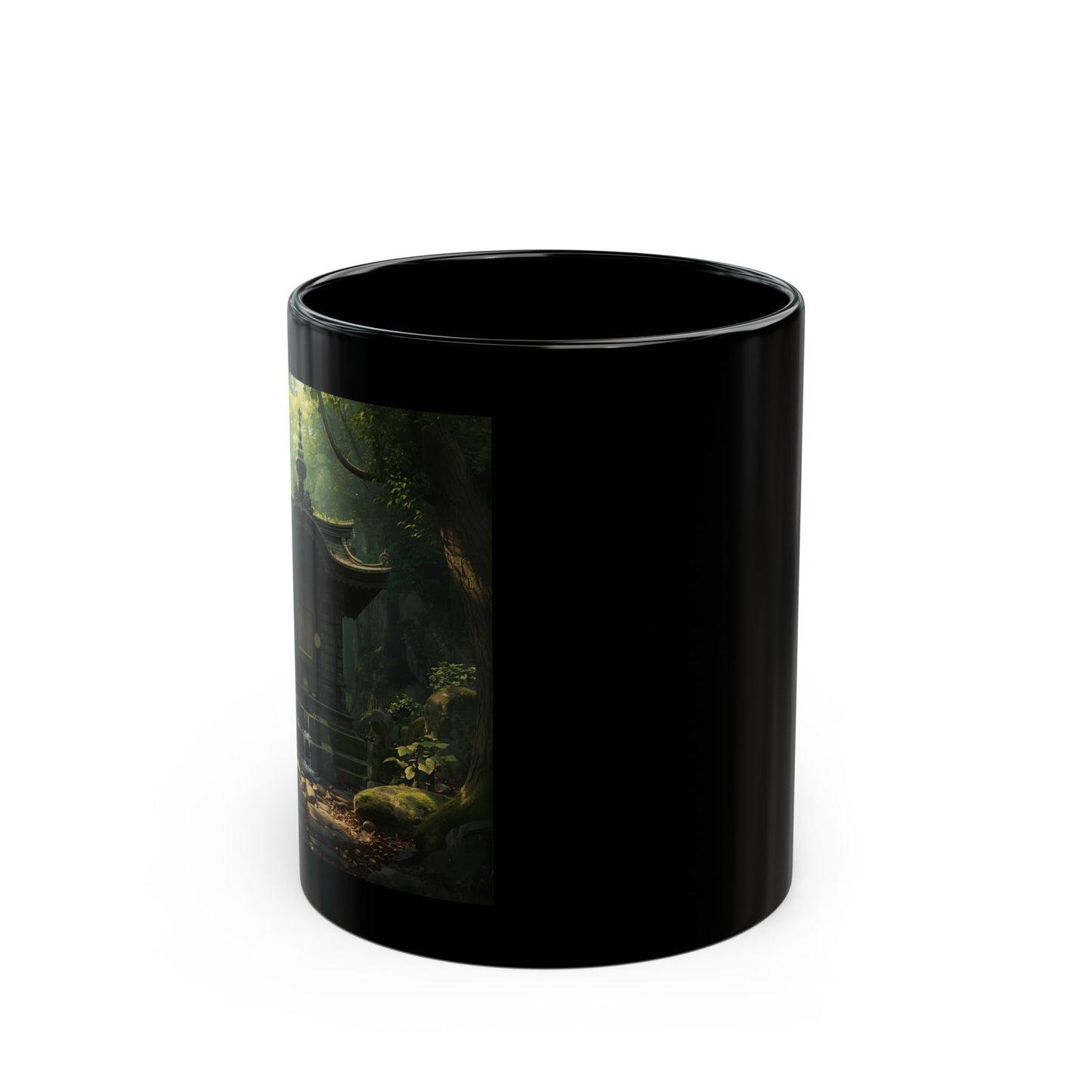 Whispering Woodland Shrine Mug - Side View - Black mug with a nature-themed design