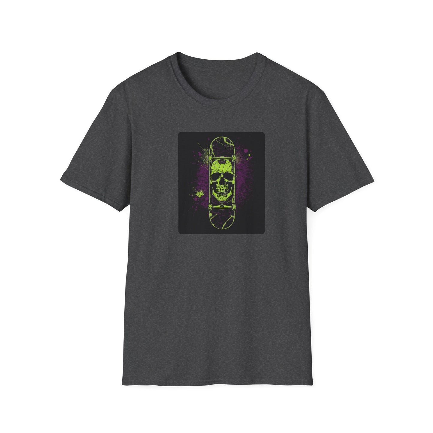 Neon Skull Skateboard – Electric Street Rebel T-Shirt in Dark Heather