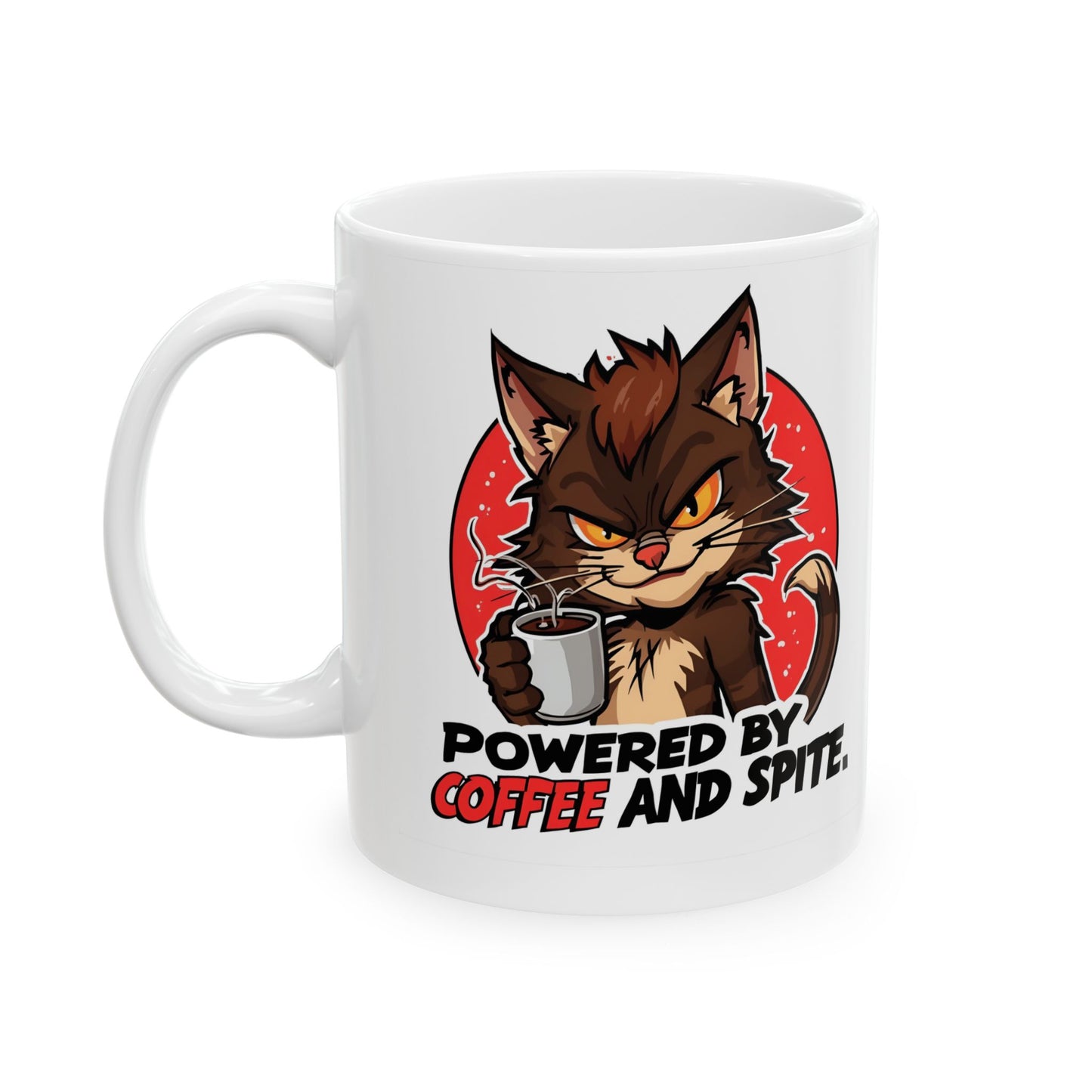 Powered by Coffee and Spite Funny Ceramic Mug - white mug with image and funny text