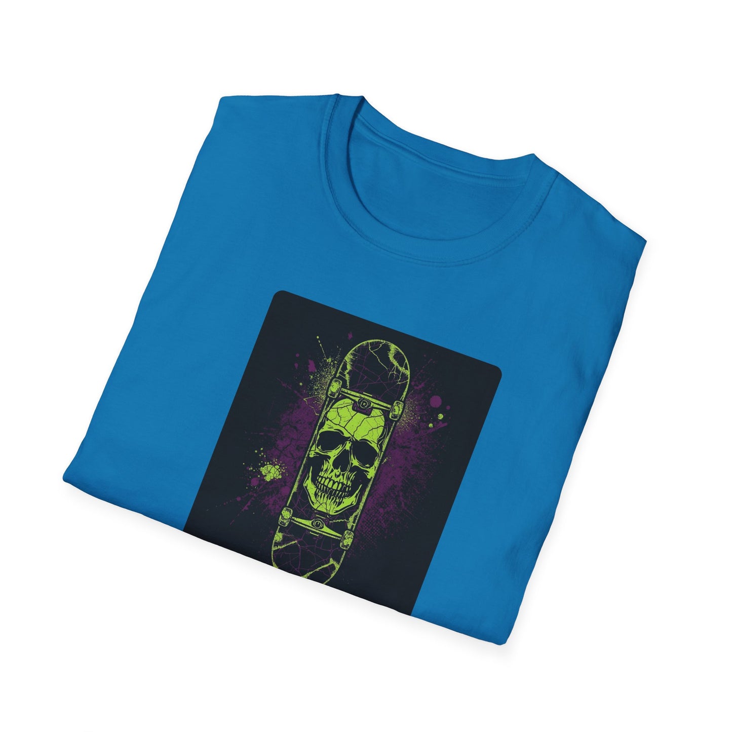 Neon Skull Skateboard – Electric Street Rebel T-Shirt in Sapphire - Folded