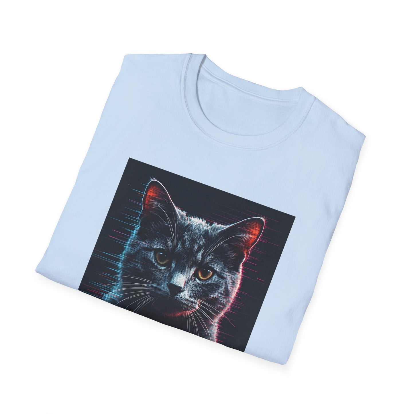 Pixellated Cat - Retro Meow Mode T-Shirt in Light Blue - Folded