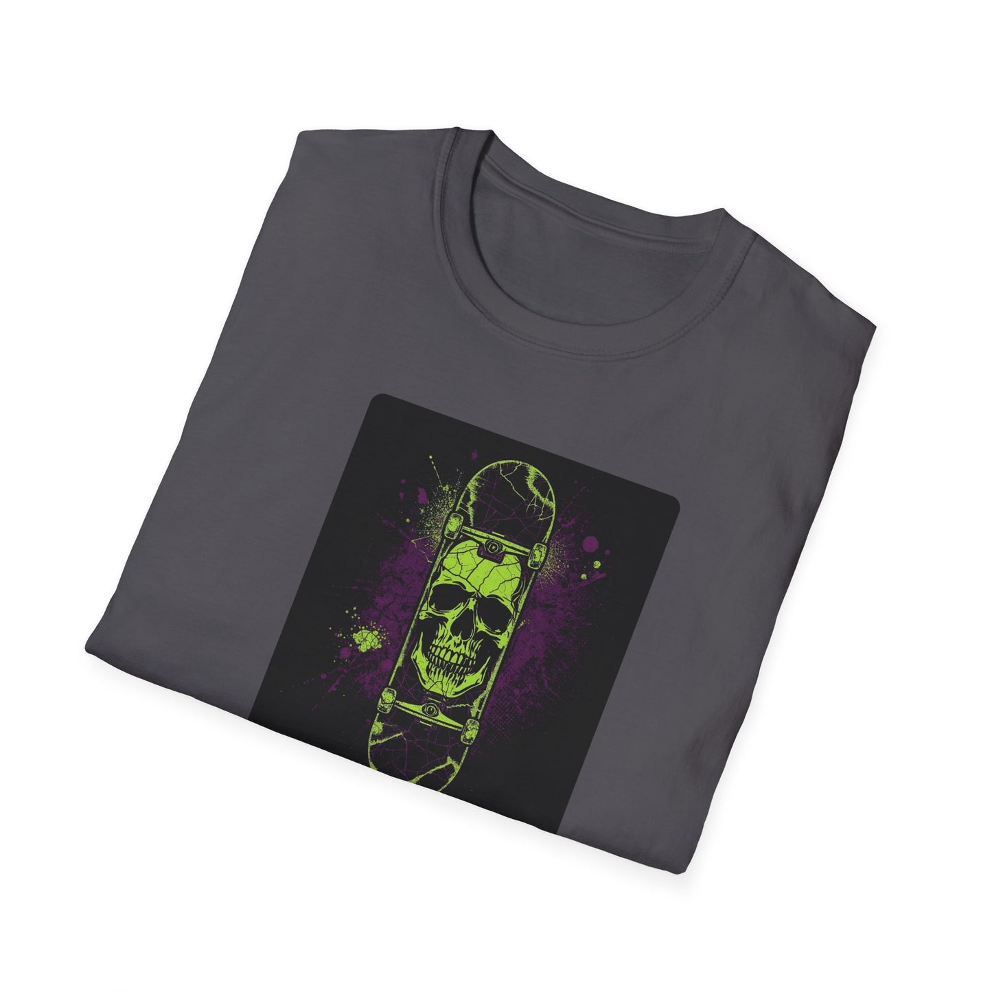 Neon Skull Skateboard – Electric Street Rebel T-Shirt in Charcoal - Folded