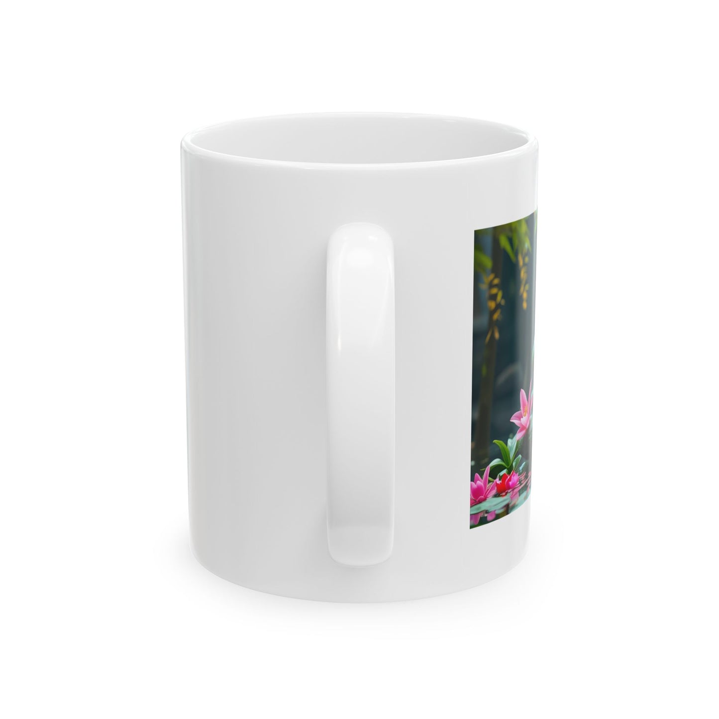 Lotus Serenity Ceramic Mug - side view - white mug with lotus serene design