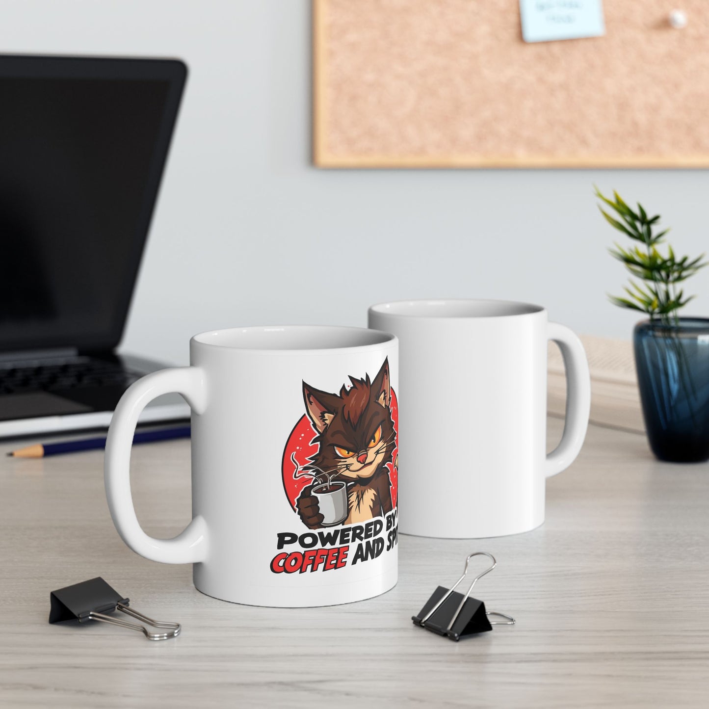 Powered by Coffee and Spite Funny Ceramic Mug - two mugs with front and back view - white mug with image and funny text