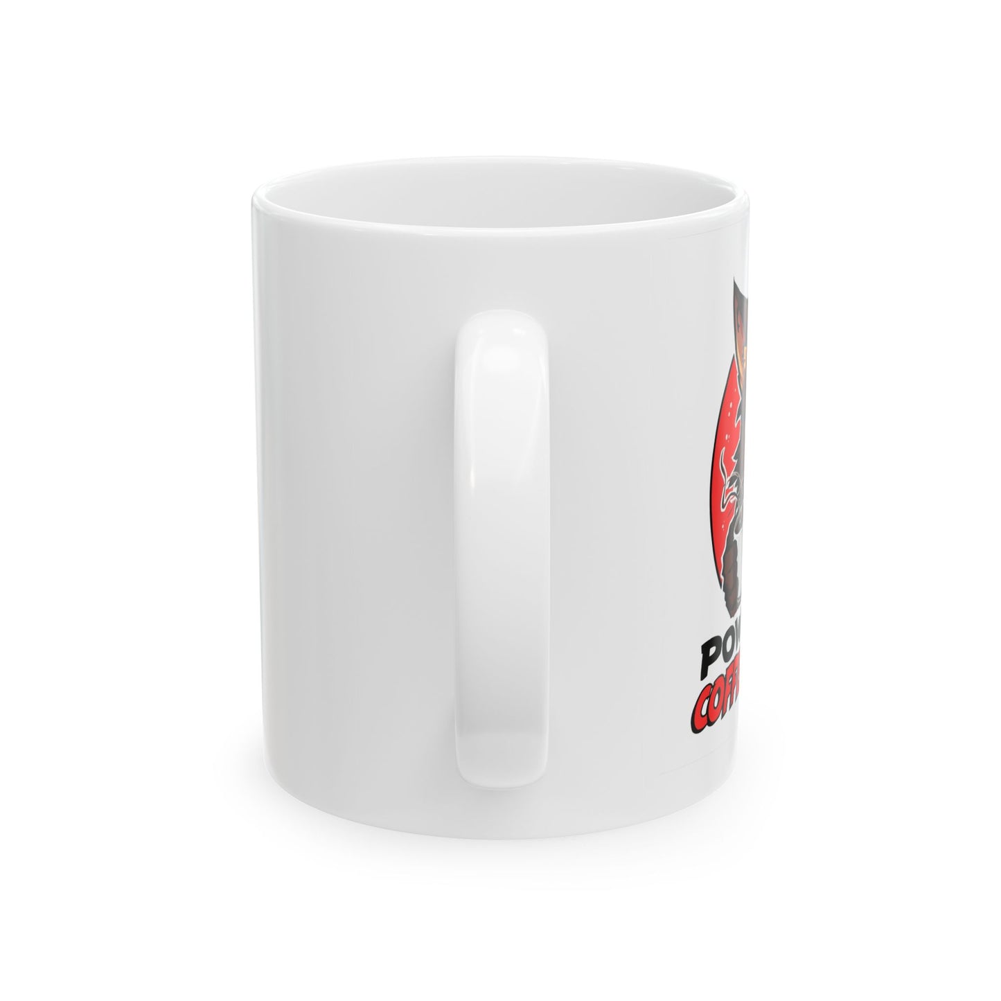 Powered by Coffee and Spite Funny Ceramic Mug - side view - white mug with image and funny text