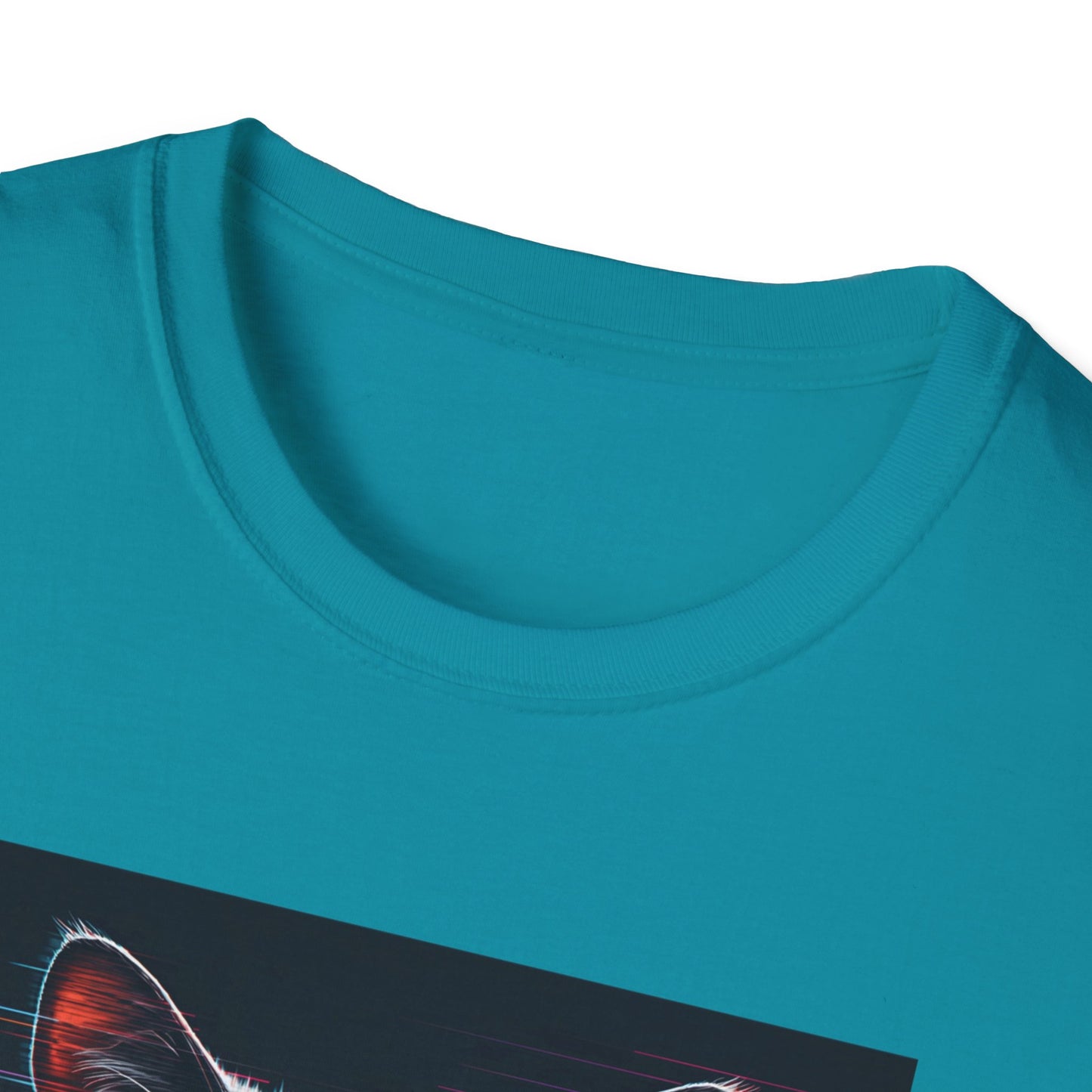 Pixellated Cat - Retro Meow Mode T-Shirt in Tropical Blue - Neckline