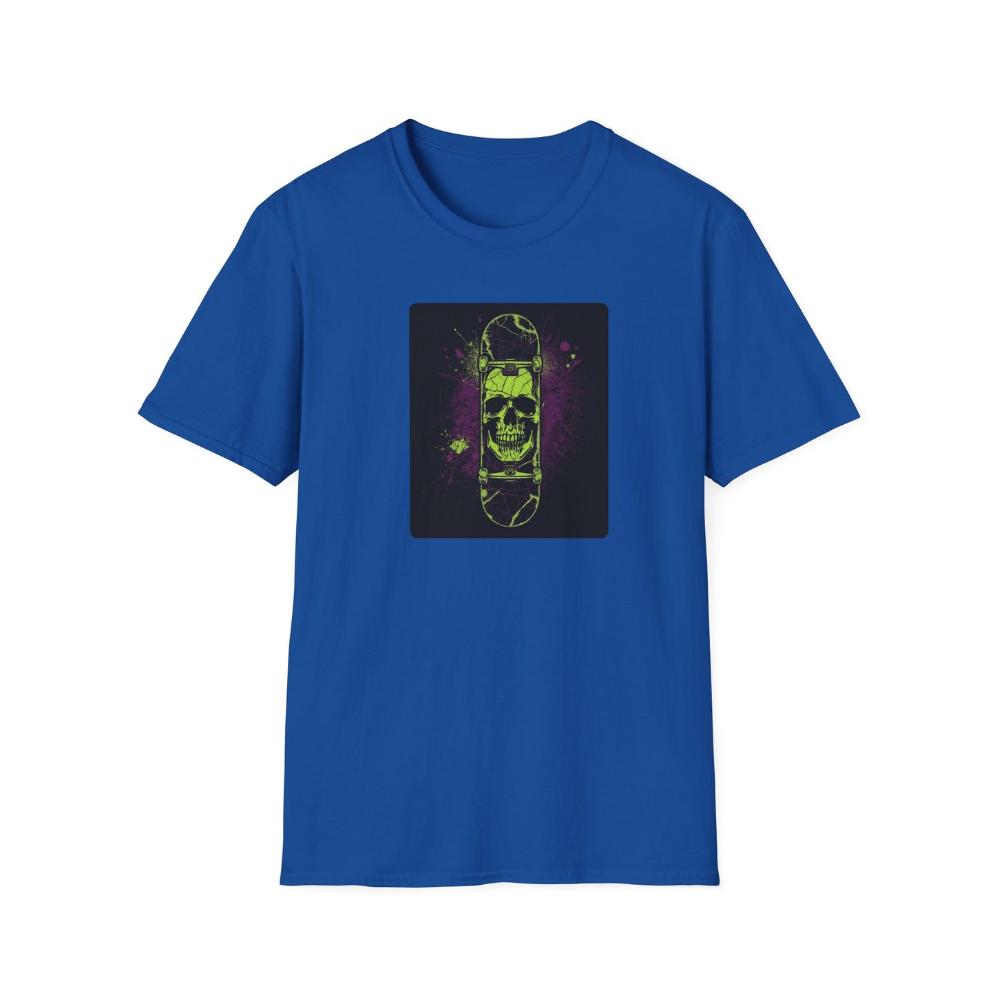 Neon Skull Skateboard – Electric Street Rebel T-Shirt in Royal