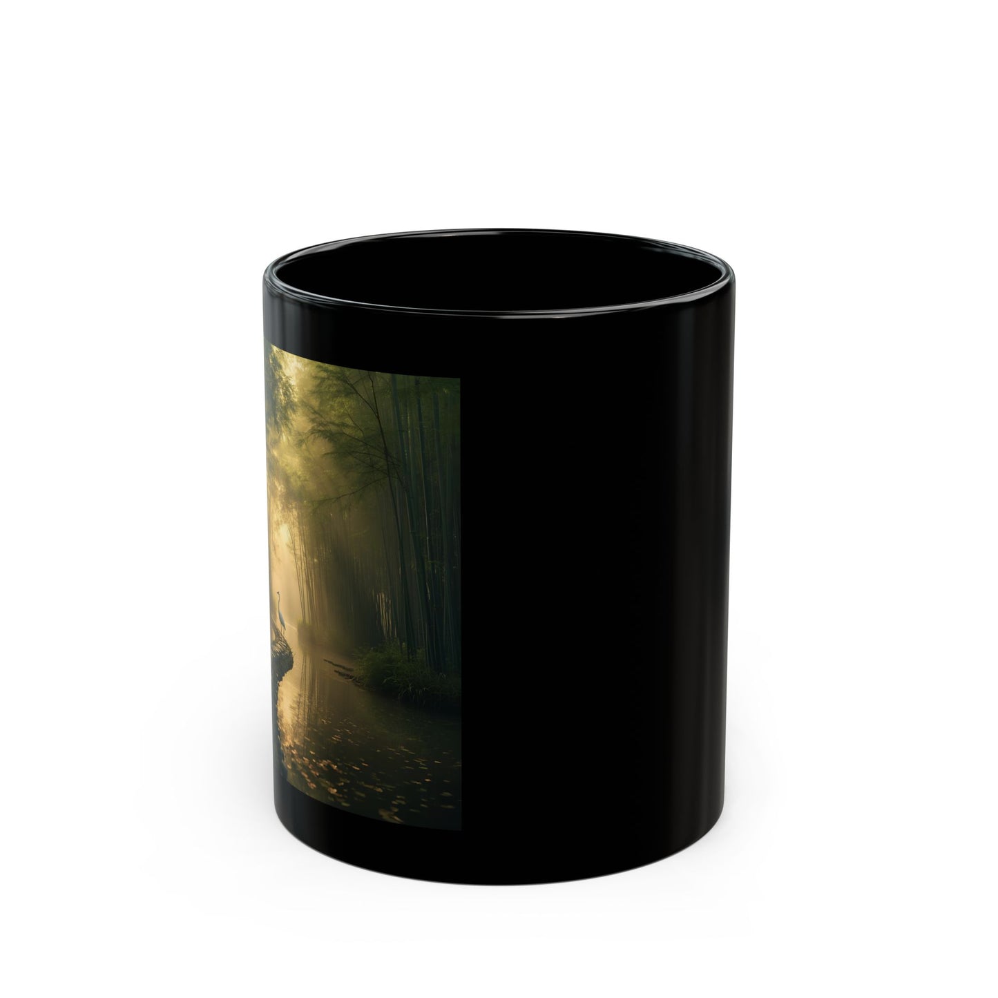 Whispers of the Bamboo Grove Mug - Side View - Black mug with a Serene design