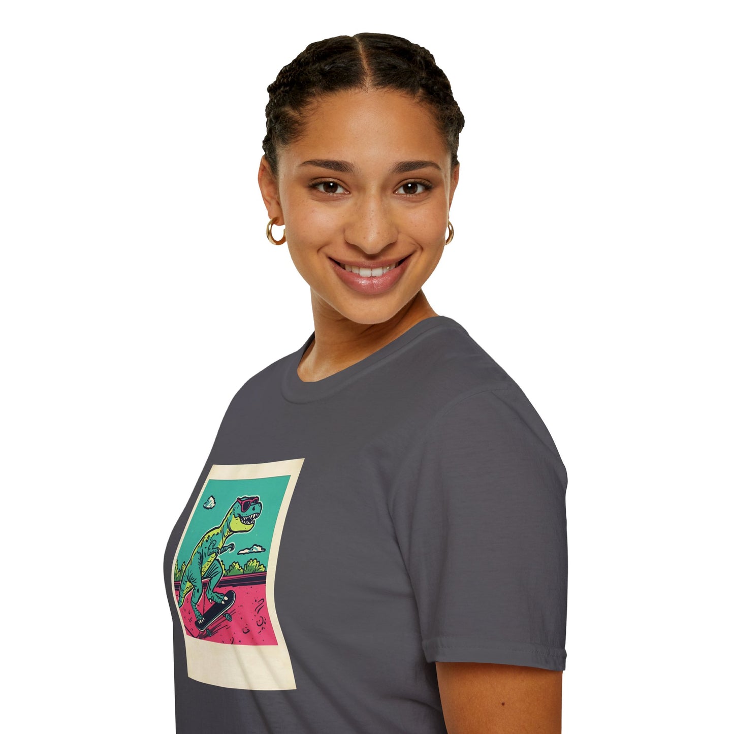 Retro Skater T-Rex T-Shirt – 90s Polaroid Dinosaur in Sunglasses