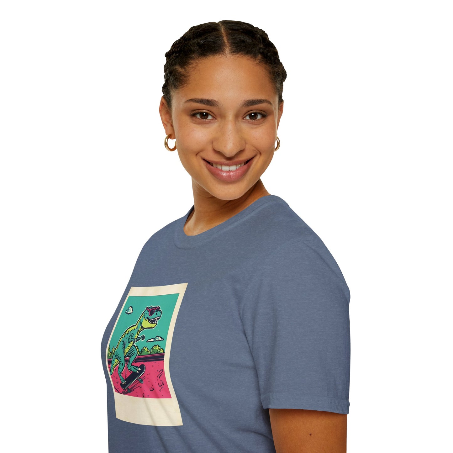 Retro Skater T-Rex T-Shirt – 90s Polaroid Dinosaur in Sunglasses