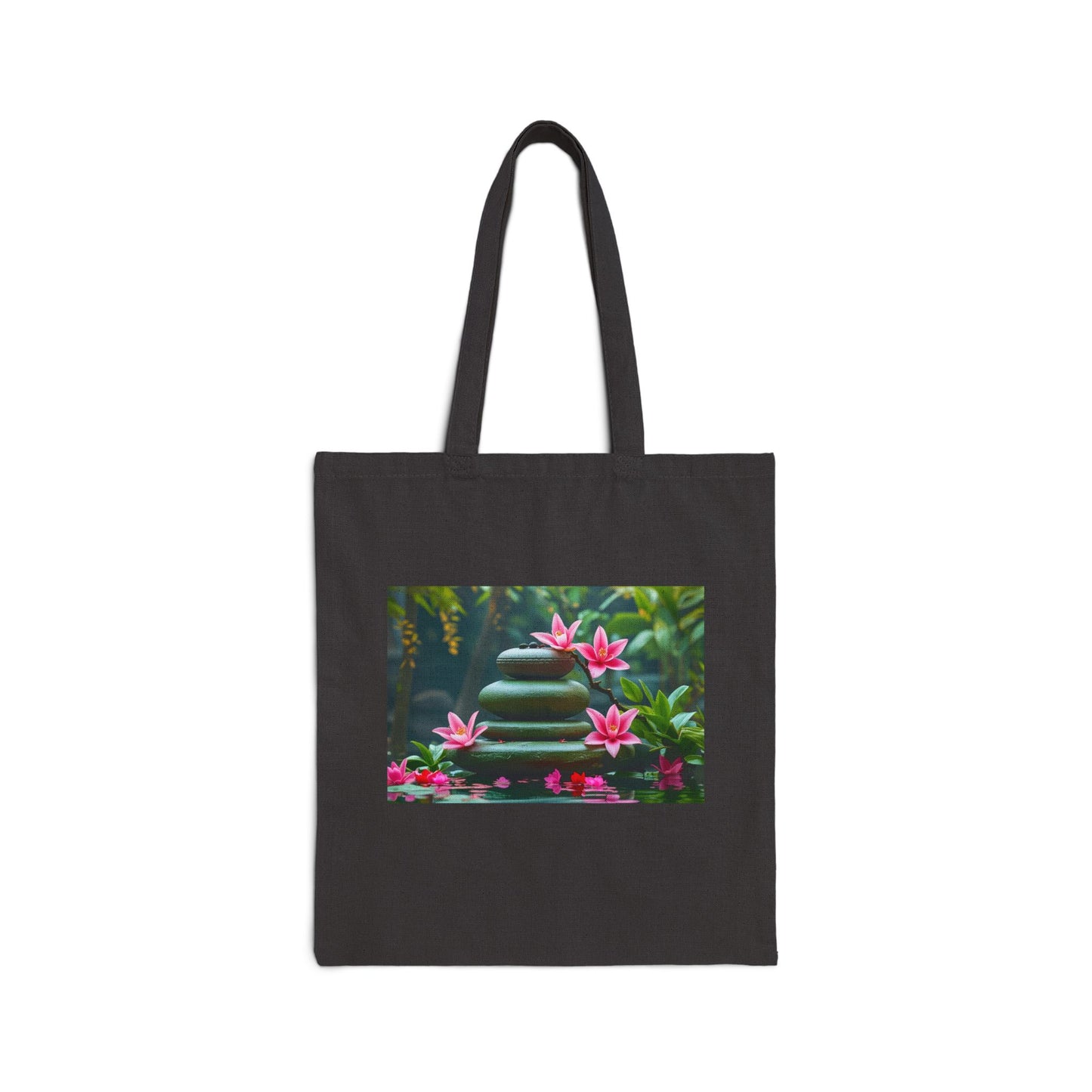 Serene Lotus Garden Cotton Canvas Tote Bag in Black