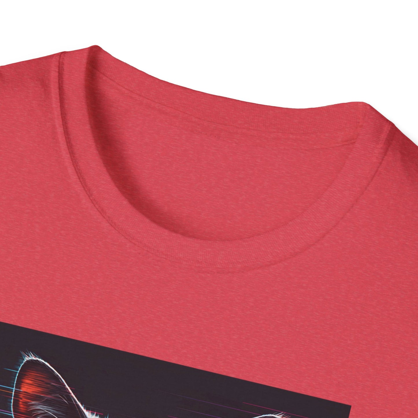 Pixellated Cat - Retro Meow Mode T-Shirt in Heather Red - Neckline